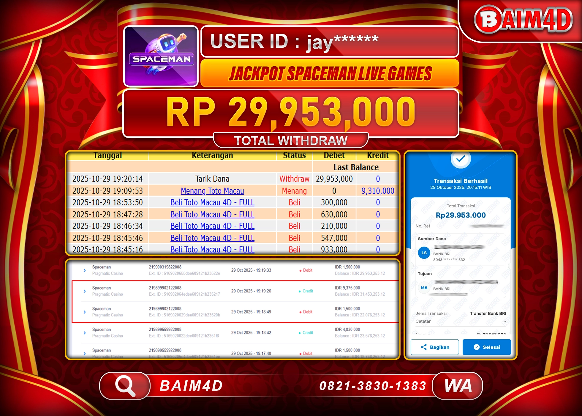 BAIM4D JACKPOT SLOT SPACEMAN LIVE GAMES Rp.29,953,000- LUNAS