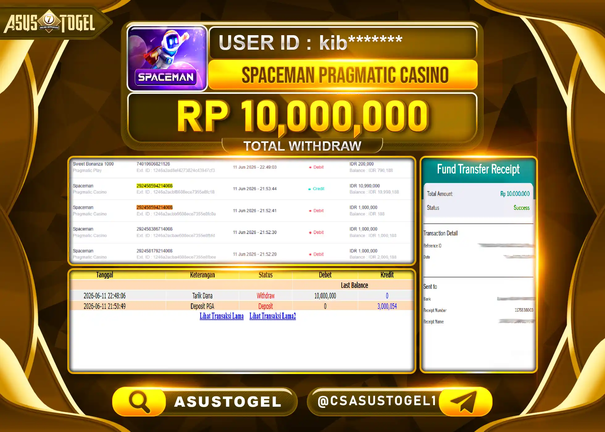 ASUSTOGEL KEMENANGAN JACKPOT PERMAINAN SPACEMAN PRAGMATIC CASINO Rp.10,000,000 - RUPIAH LUNAS