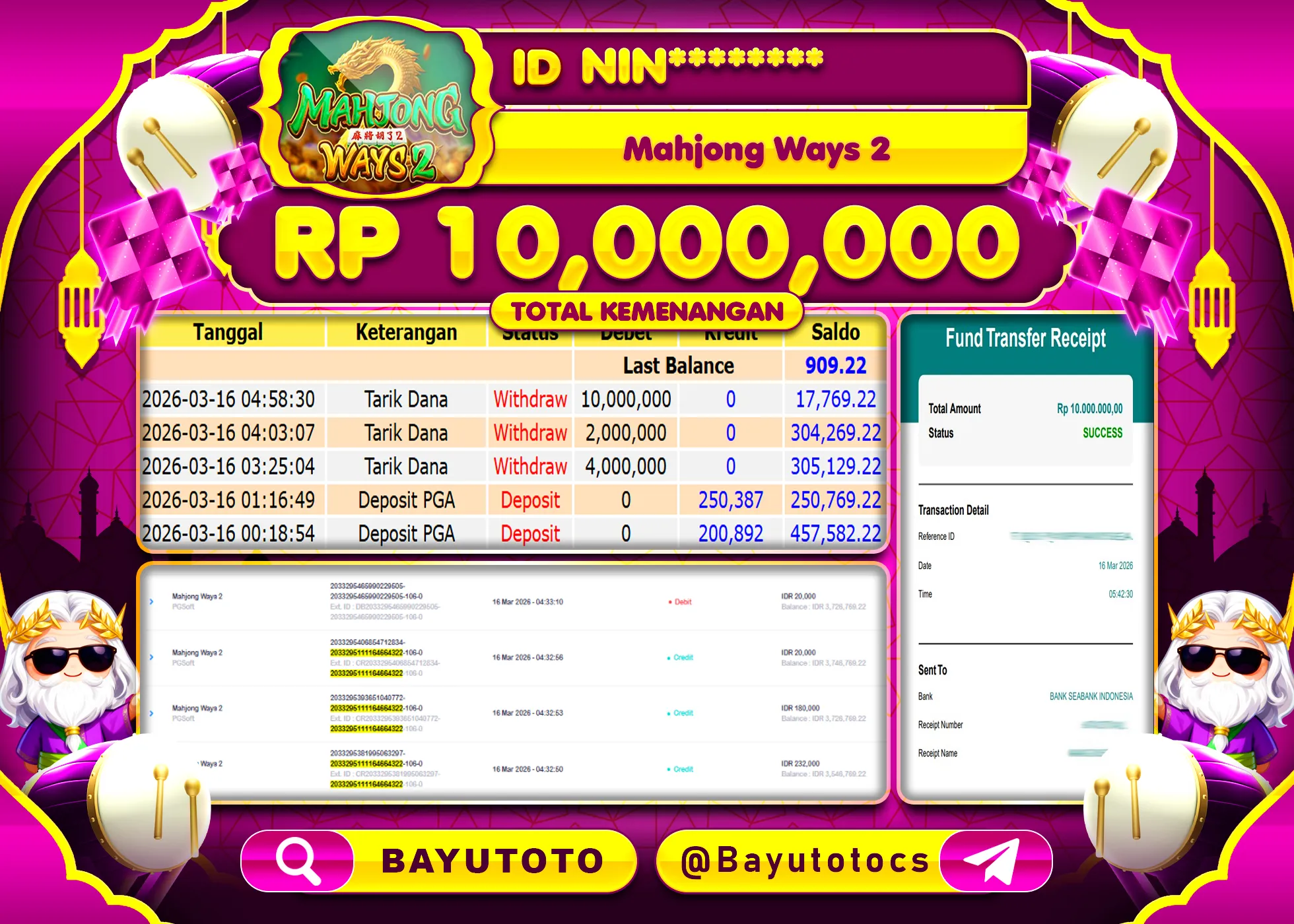 SELAMAT MEMBER SETIA BAYUTOTO JACKPOT DI SLOT MAHJONG WAYS 2(PGSOFT) Rp. 10,000,000 LUNAS