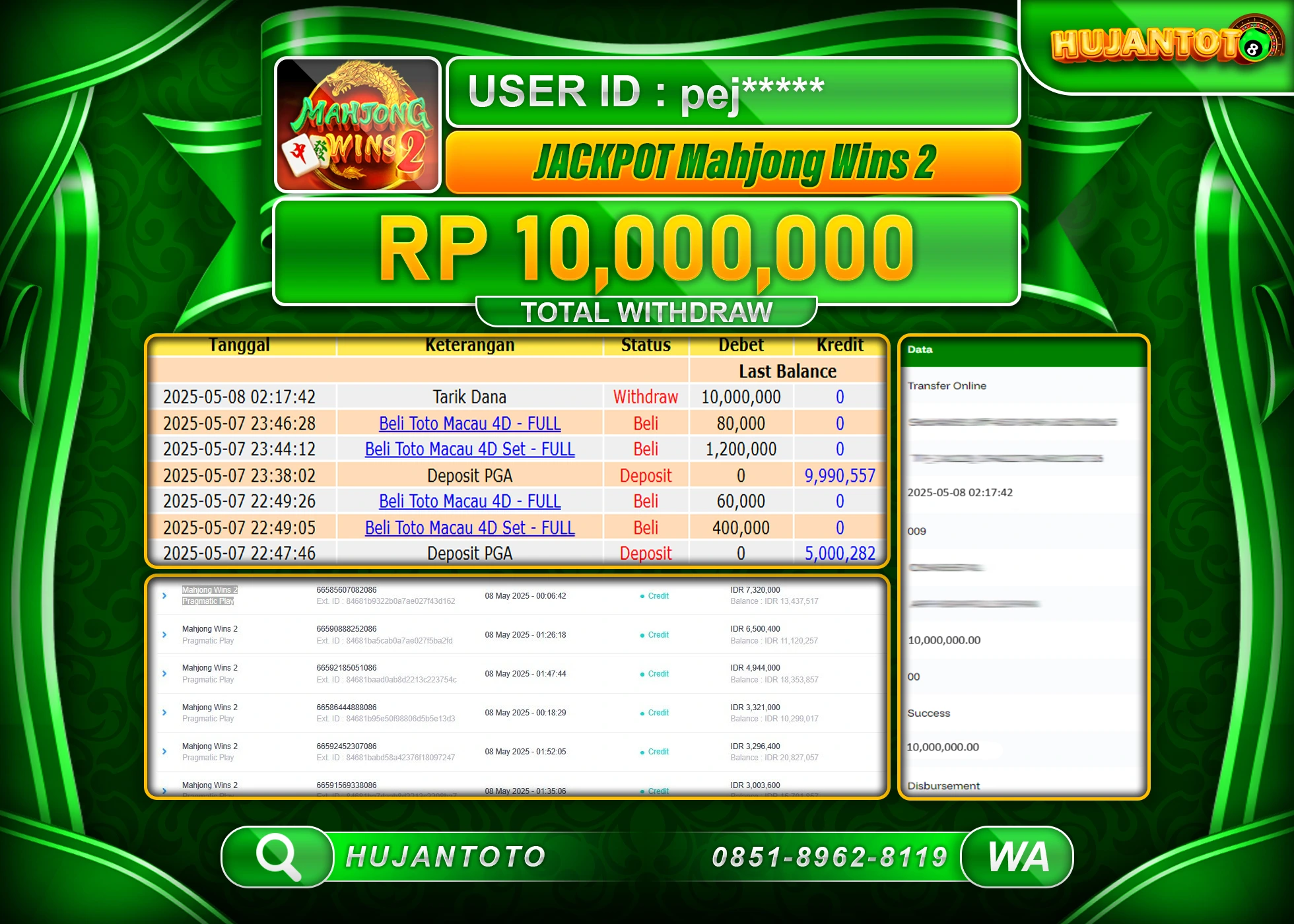 HUJANTOTO - BUKTI JACKPOT MENANG SLOT MAHJONG WINS 2 Rp,10,000,000 - TERBAYAR LUNAS