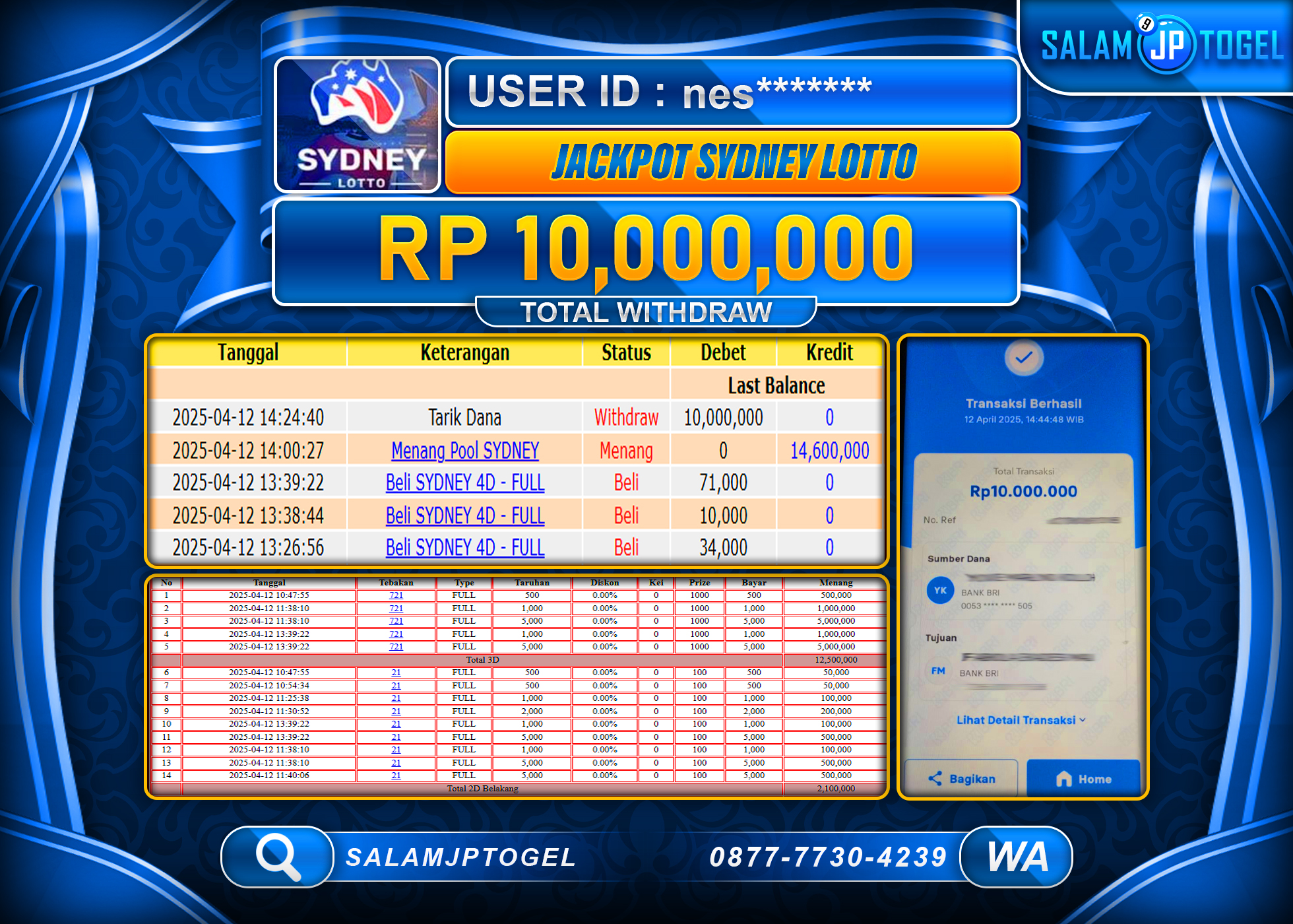 SALAMJPTOGEL MENANG SYDNEY LOTTO Rp. 10,000,000 LUNAS