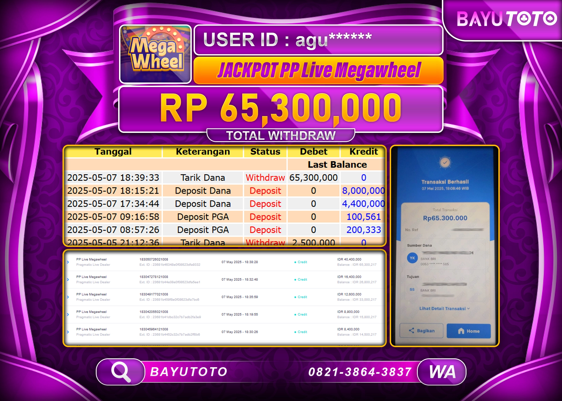 BAYUTOTO JACKPOT DI GAMES PP LIVE  MEGAWHEEL Rp.65,300,000 LUNAS
