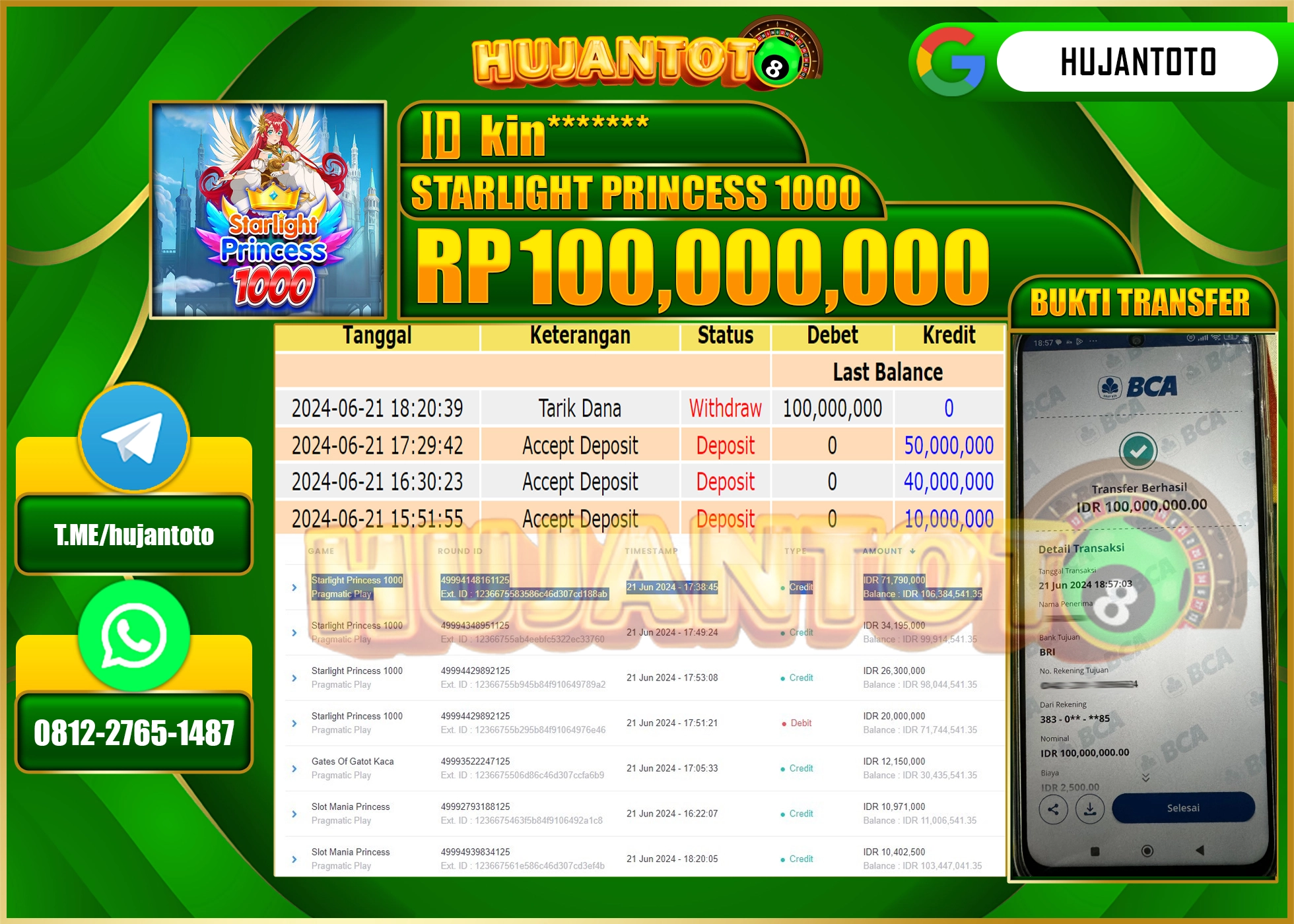 HUJANTOTO MENANG SLOT STARLIGHT PRINCESS 1000, WD 100,000,000 - LUNAS 