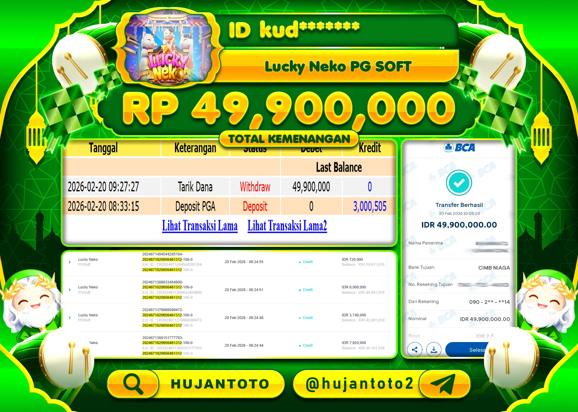HUJANTOTO - BUKTI JACKPOT MENANG SLOT LUCKY NEKO PGSOFT Rp.49,900,000 - TERBAYAR LUNAS