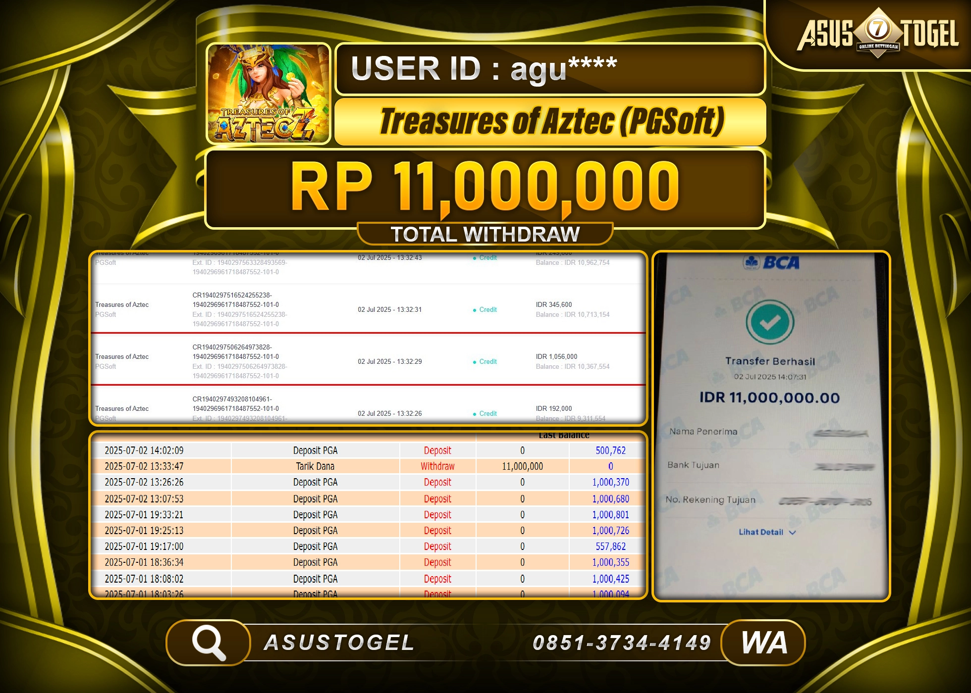 ASUSTOGEL KEMENANGAN DI SLOT TREASURES OF AZTEC SEBESAR 11,000,000- RUPIAH LUNAS