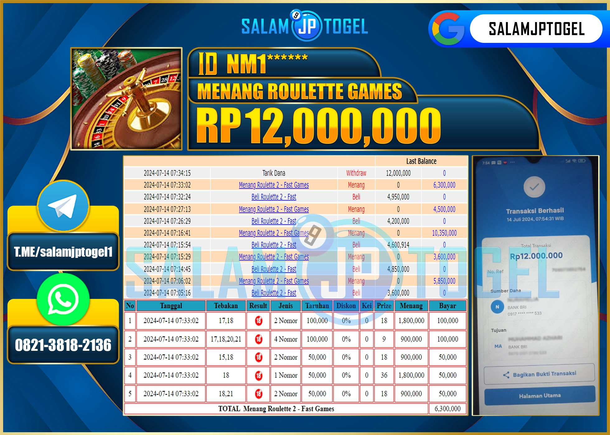 SALAMJPTOGEL MENANG ROULLETTE 2 RP. 12,000,000.,LUNAS
