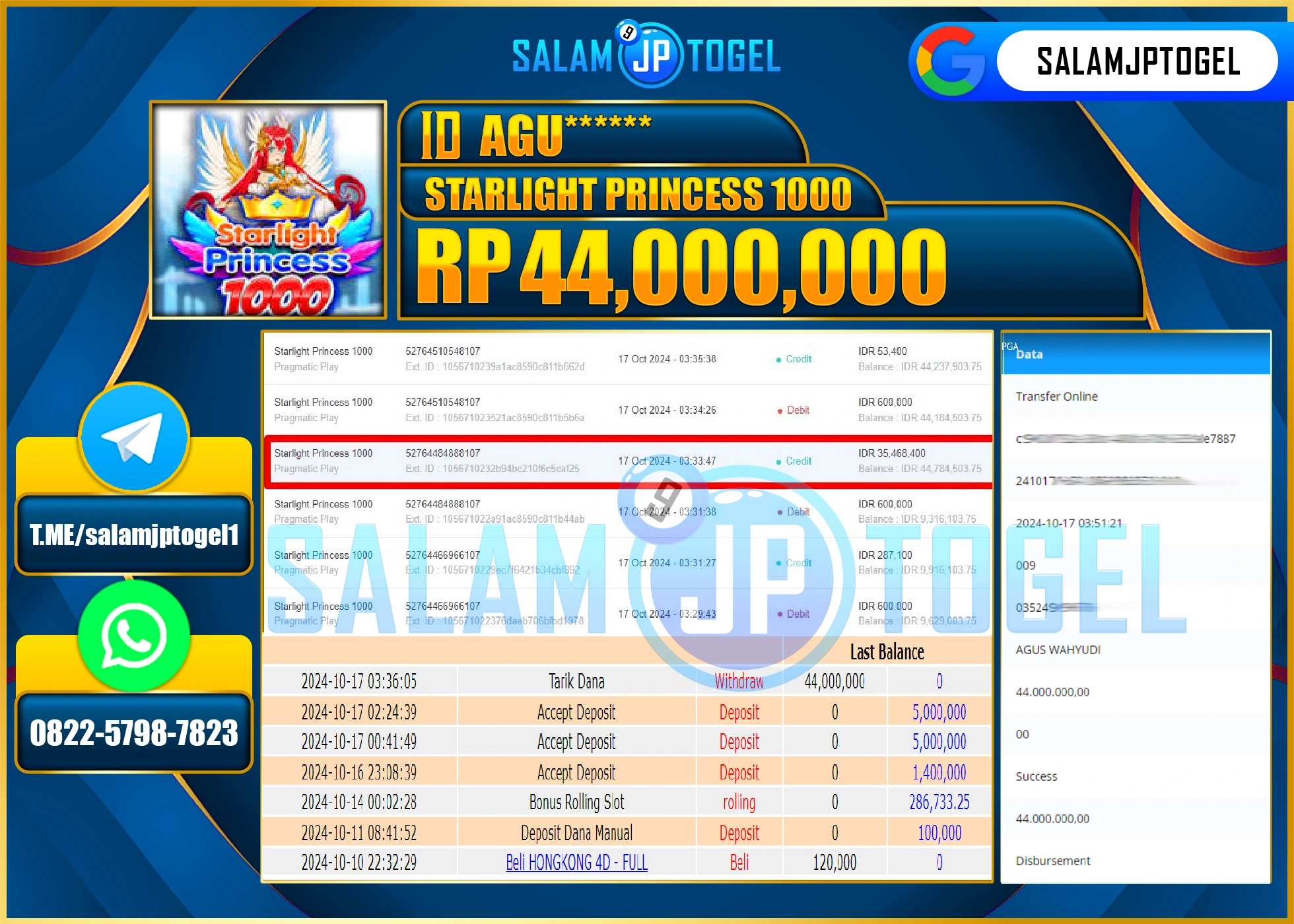 SALAMJPTOGEL MENANG SLOT STARLIGHT PRINCESS 1000 RP. 44,000,000 LUNAS