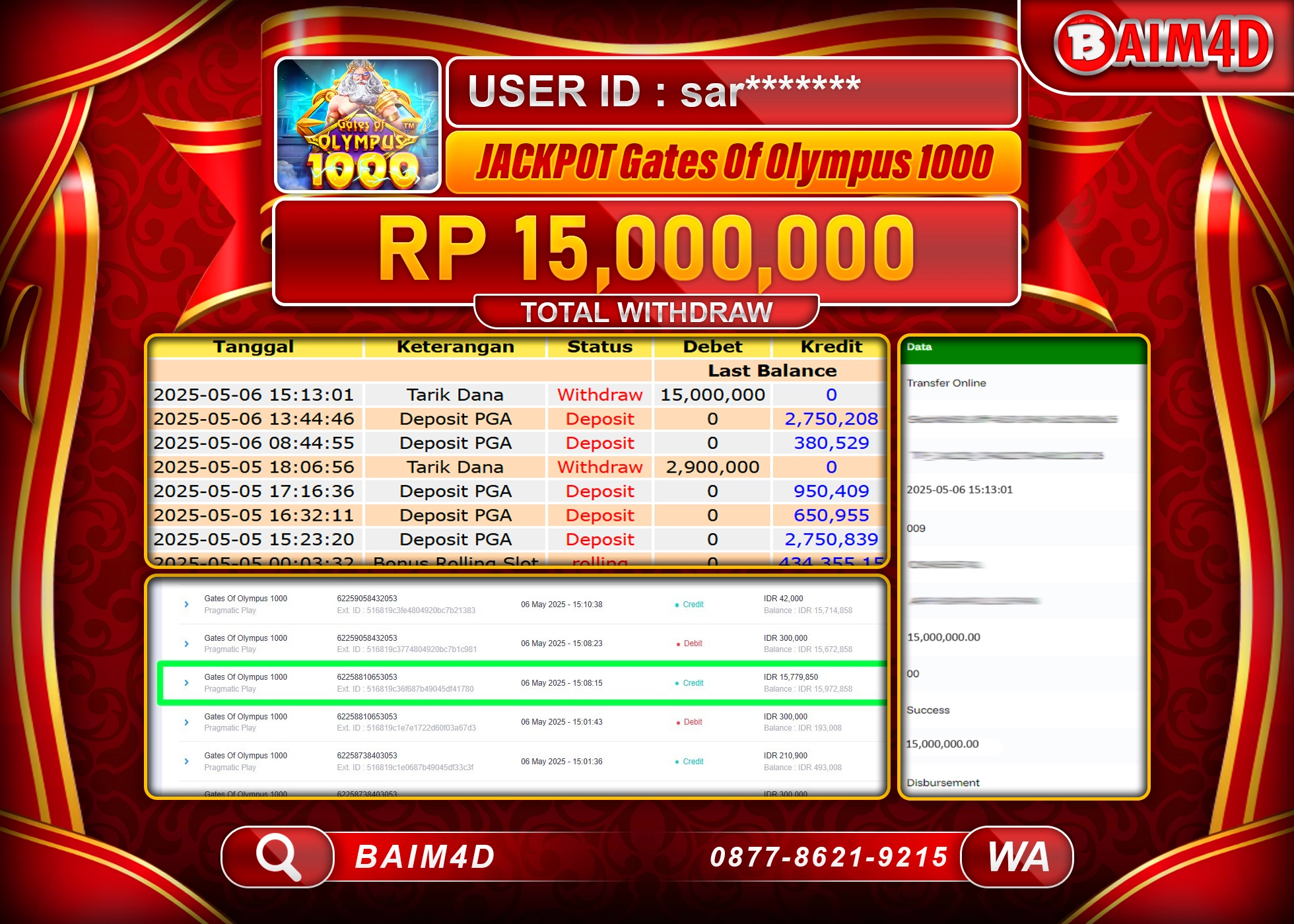 BAIM4D MENANG JACKPOT Gates Of Olympus 1000 Rp.15.000,000.- LUNAS