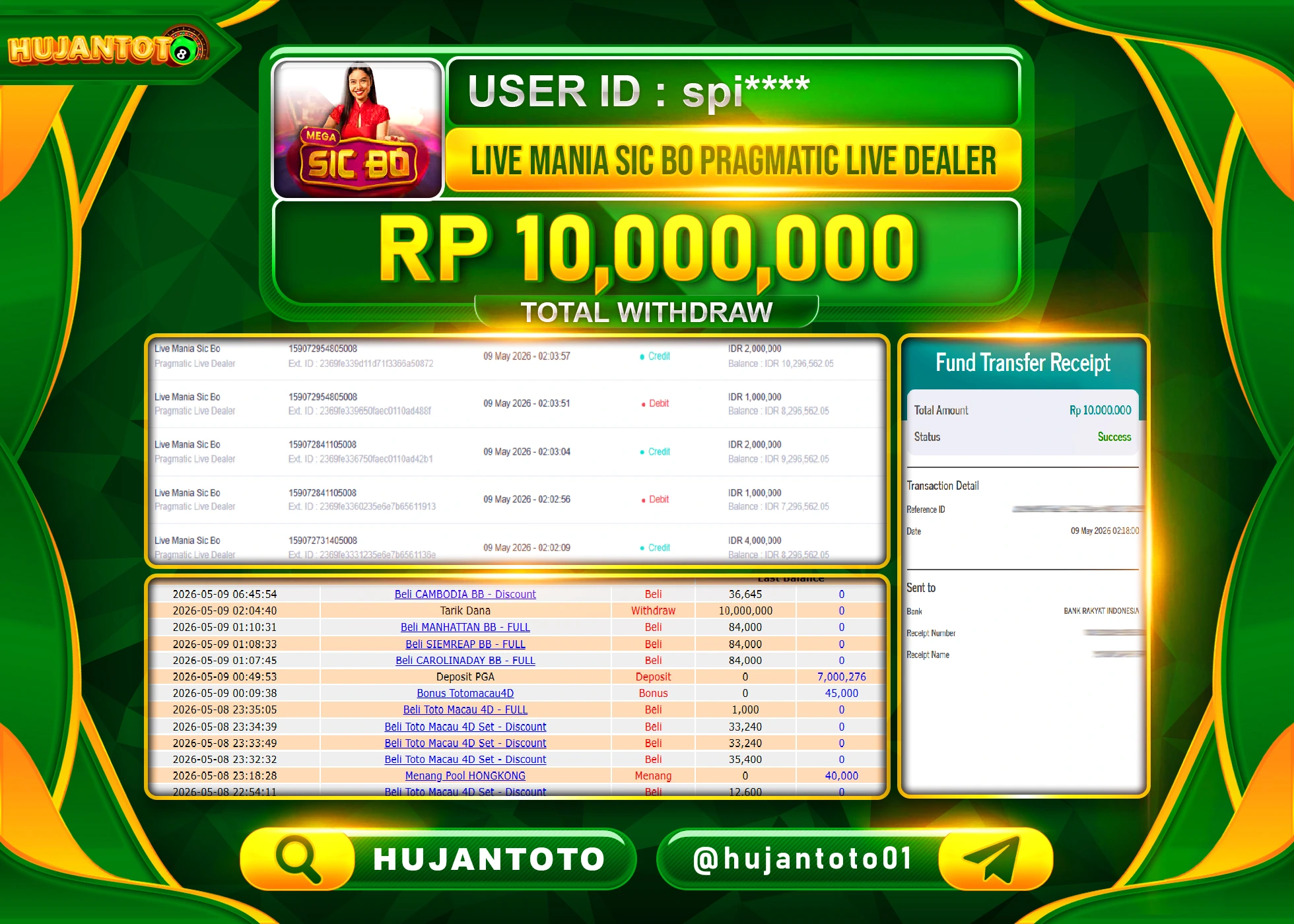 HUJANTOTO - BUKTI JACKPOT MENANG LIVE MANIA SICBO PP LIVE DEALER  Rp.10,000,000 - TERBAYAR LUNAS