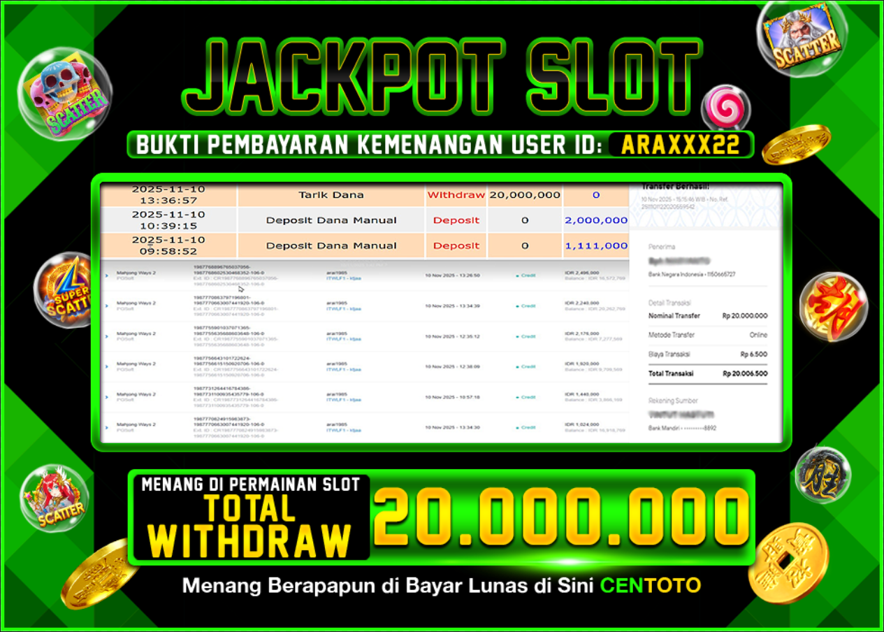 BUKTI JACKPOT SLOT CENTOTO 2 RP.20.000.000,-LUNAS