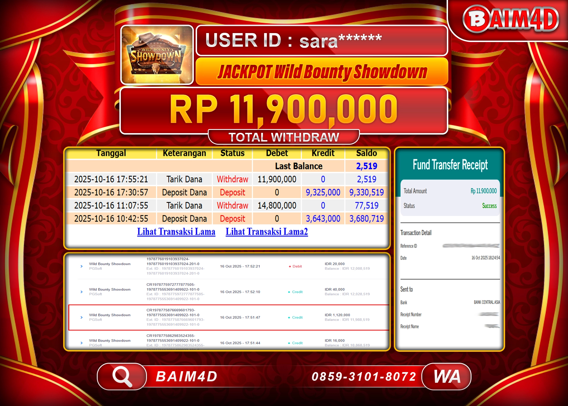 BAIM4D JACKPOT SLOT WILD BOUNTY SHOWDOWN Rp.11,900,000.- LUNAS