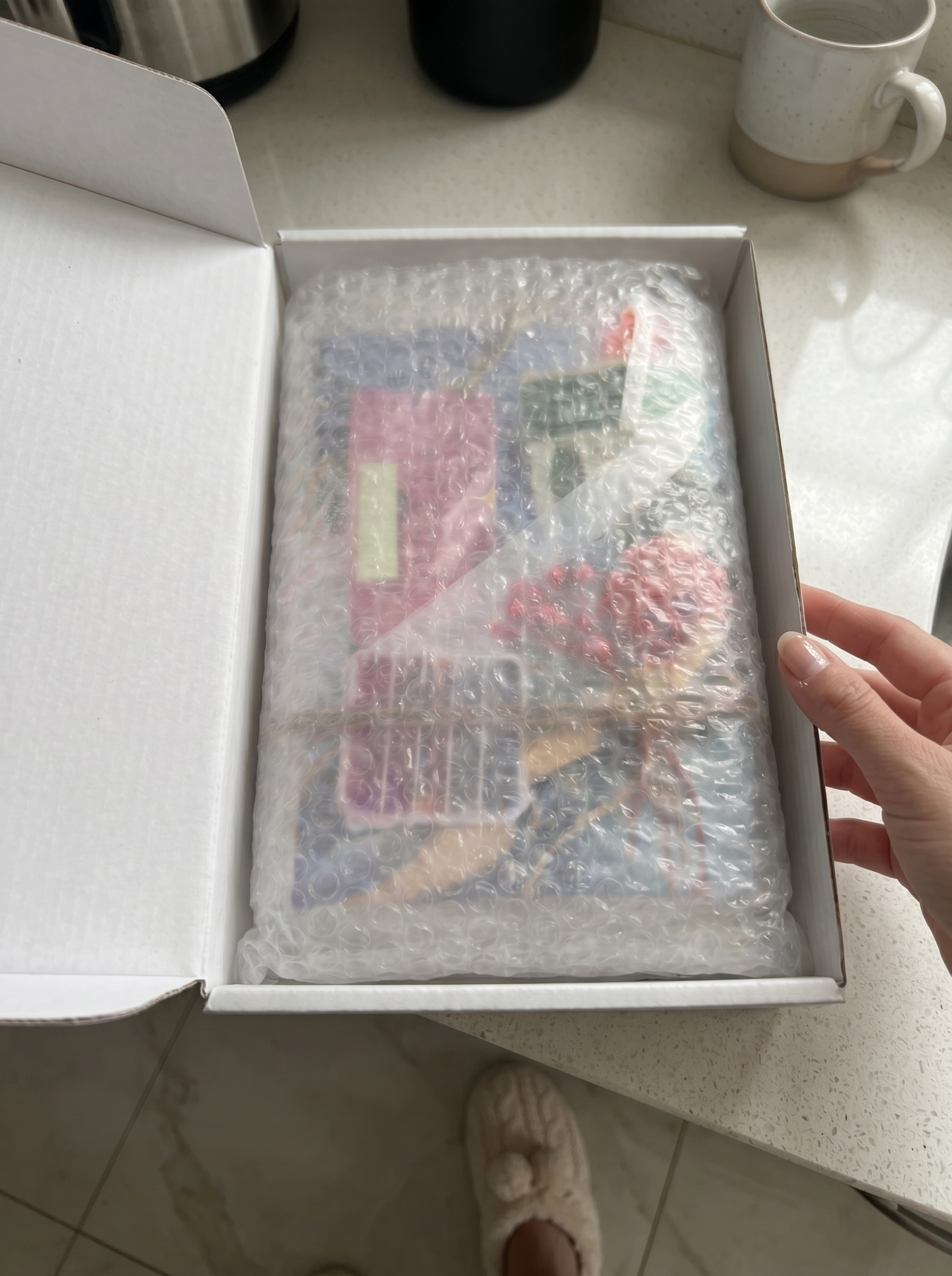 An opened box with the wrapped book inside, partly hidden under bubble wrap