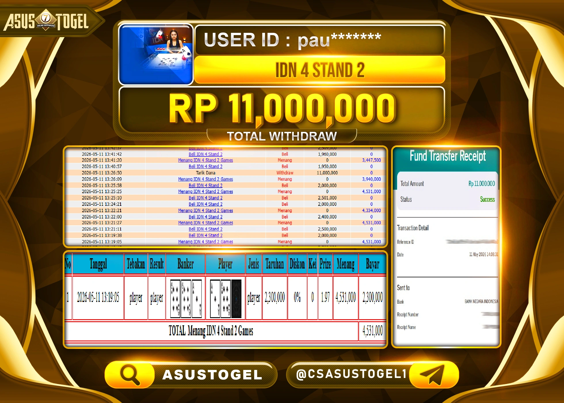 ASUSTOGEL KEMENANGAN JACKPOT DI PERMAINAN LIVE GAME IDN 4 STAND 2 SEBESAR Rp.11,000,000 - RUPIAH LUNAS