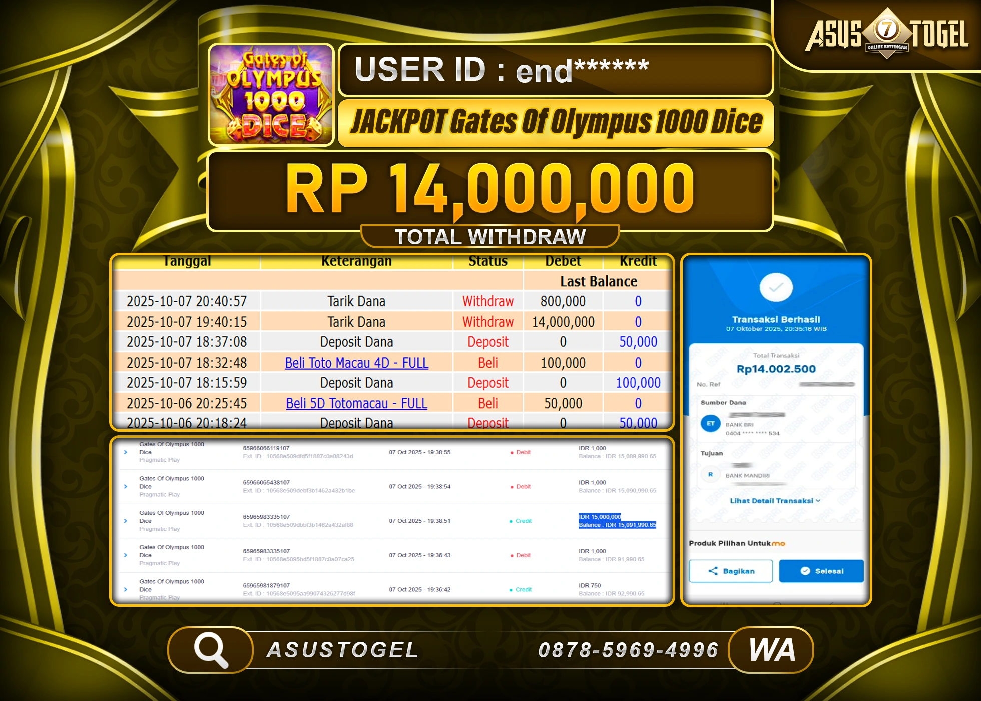 ASUSTOGEL KEMENANGAN DI Gates Of Olympus 1000 Dice Pragmatic Play SEBESAR 14,000,000- RUPIAH LUNAS