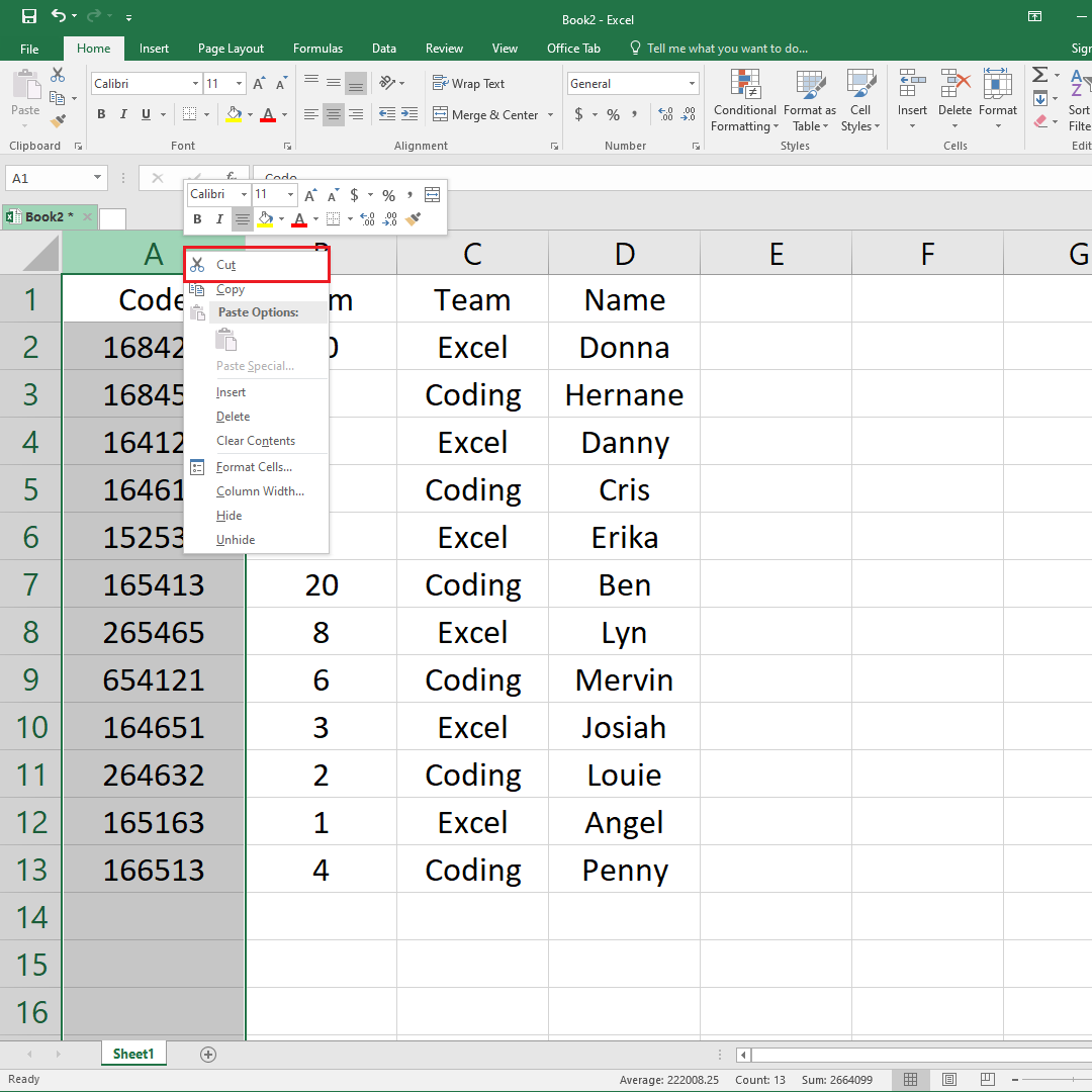 Moving columns in Excel by cutting the cell values and pasting elsewhere
