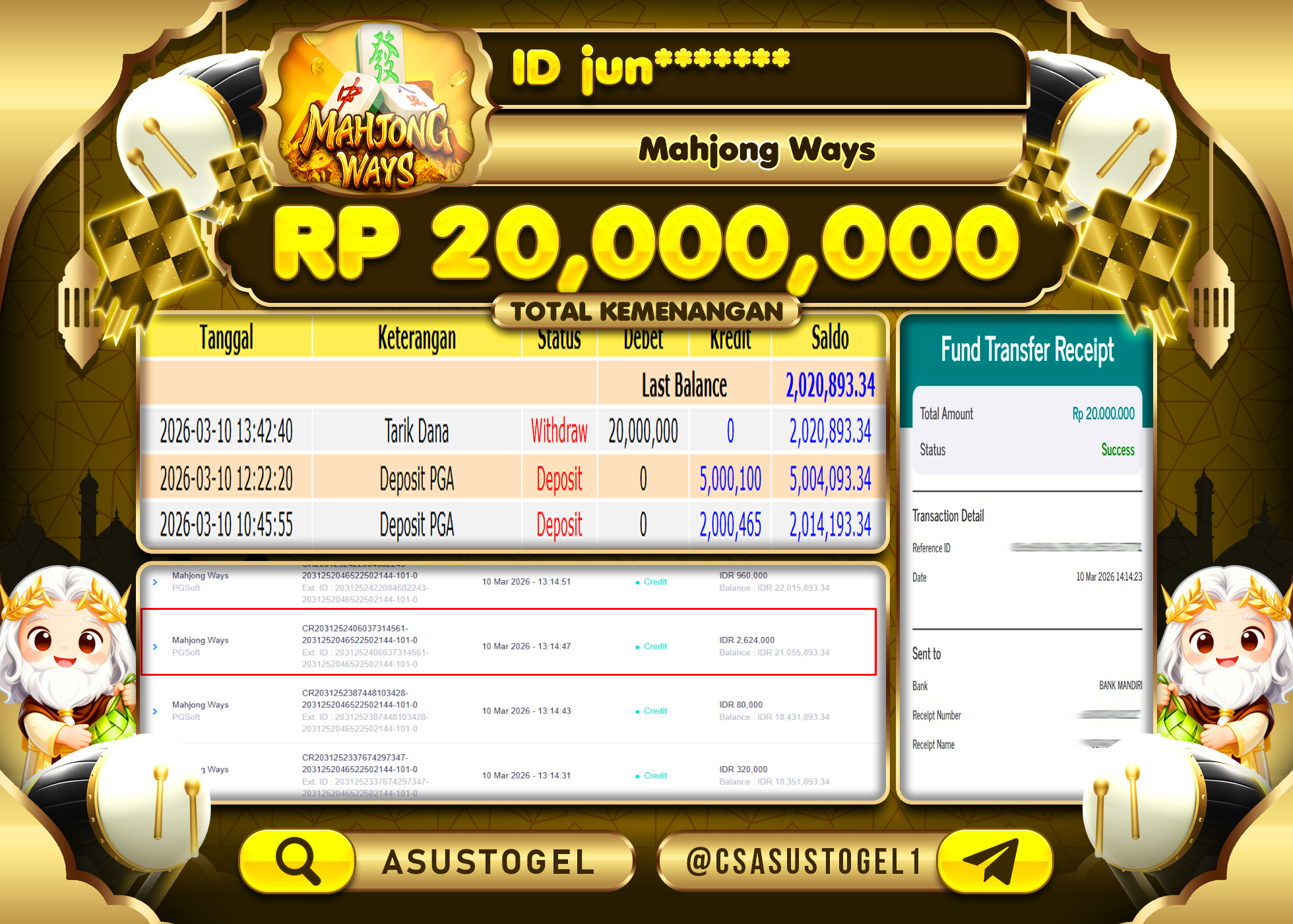 ASUSTOGEL KEMENANGAN DI  MAHJONG WAYS PG SOFT SEBESAR 20,000,000 - RUPIAH LUNAS
