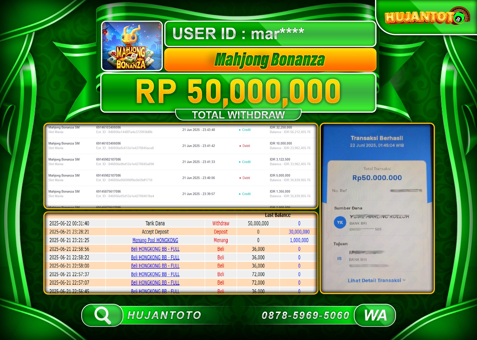 HUJANTOTO - BUKTI JACKPOT MENANG SLOT MAHJONG BONANZA PP Rp.50,000,000 - TERBAYAR LUNAS