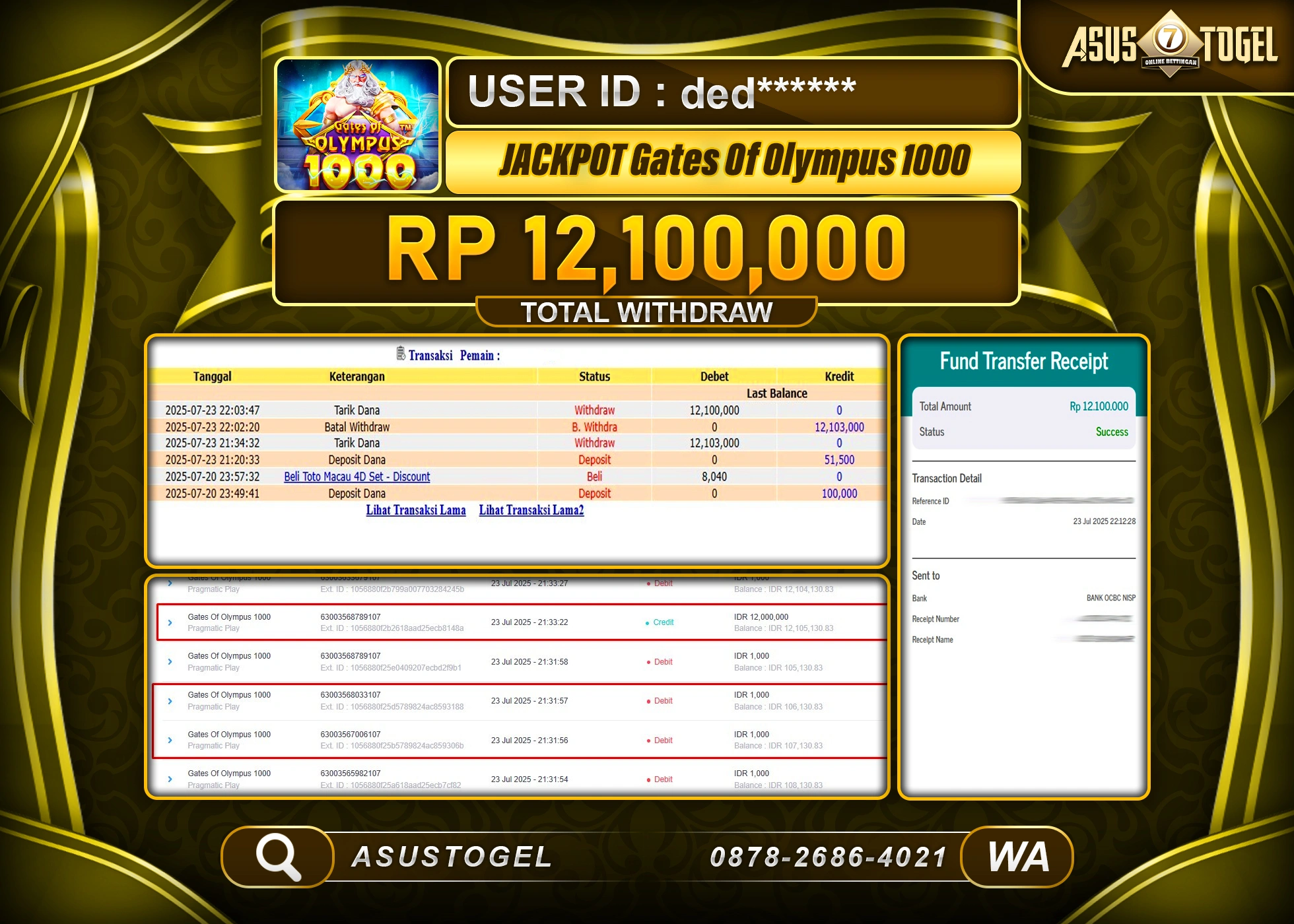 ASUSTOGEL KEMENANGAN DI SLOT GATES OF OLYMPUS 1000 SEBESAR 12,100,000- RUPIAH LUNAS