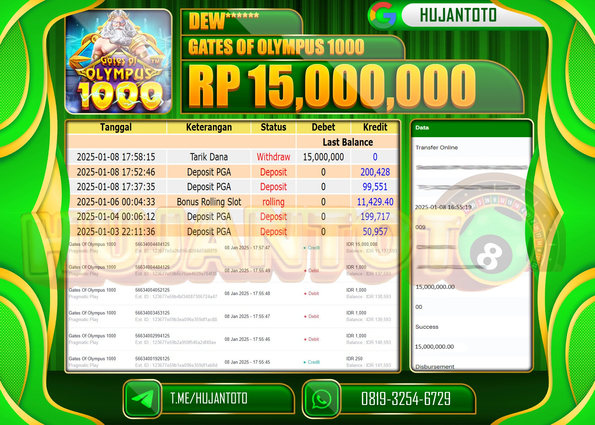 HUJANTOTO - BUKTI JACKPOT DI PERMAINAN SLOT GATES OF OLYMPUS 1000 Rp,15,000,000,- TERBAYAR LUNAS