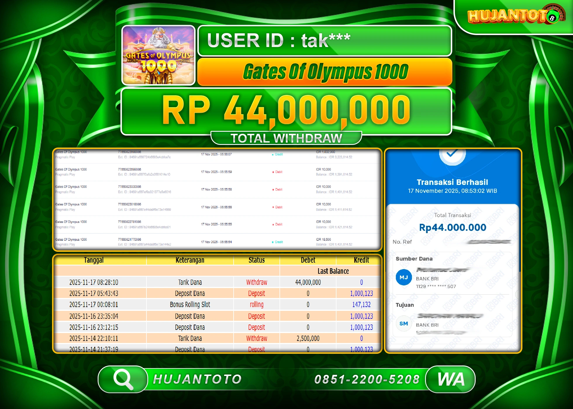 HUJANTOTO - BUKTI JACKPOT MENANG SLOT GATES OF OLYMPUS 1000 Rp.44,000,000 - TERBAYAR LUNAS