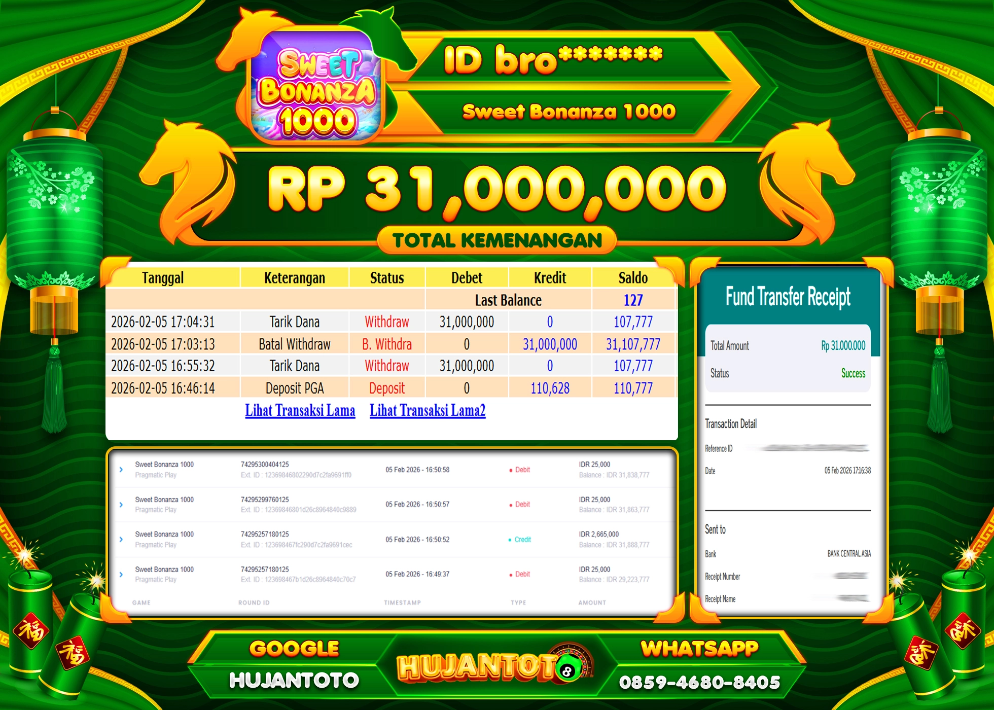HUJANTOTO - BUKTI JACKPOT MENANG SLOT SWEET BONANZA 1000 Rp.31,000,000 - TERBAYAR LUNAS