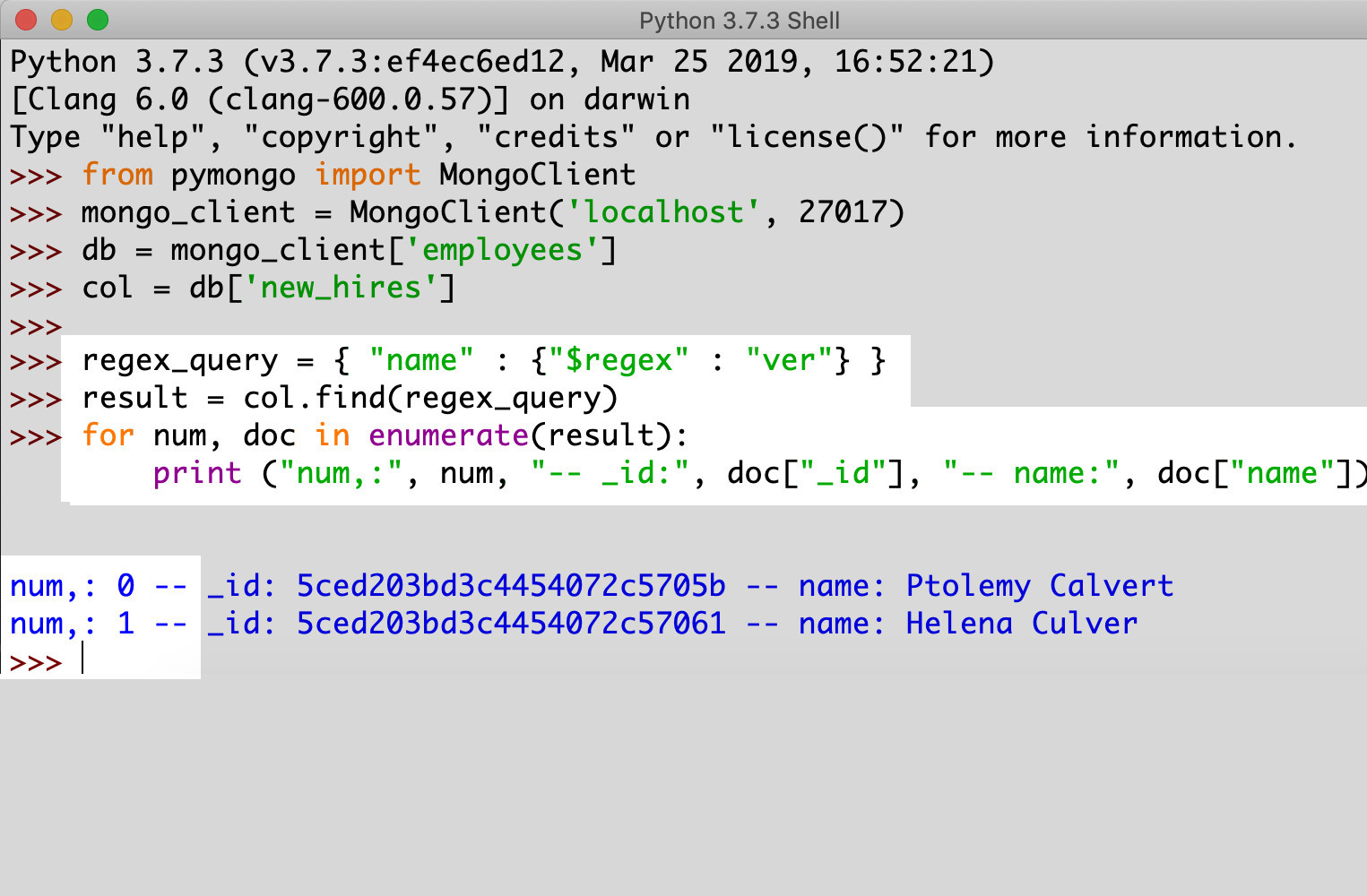 Screenshot of Python using enumerate to iterate over MongoDB documents in a Cursor object
