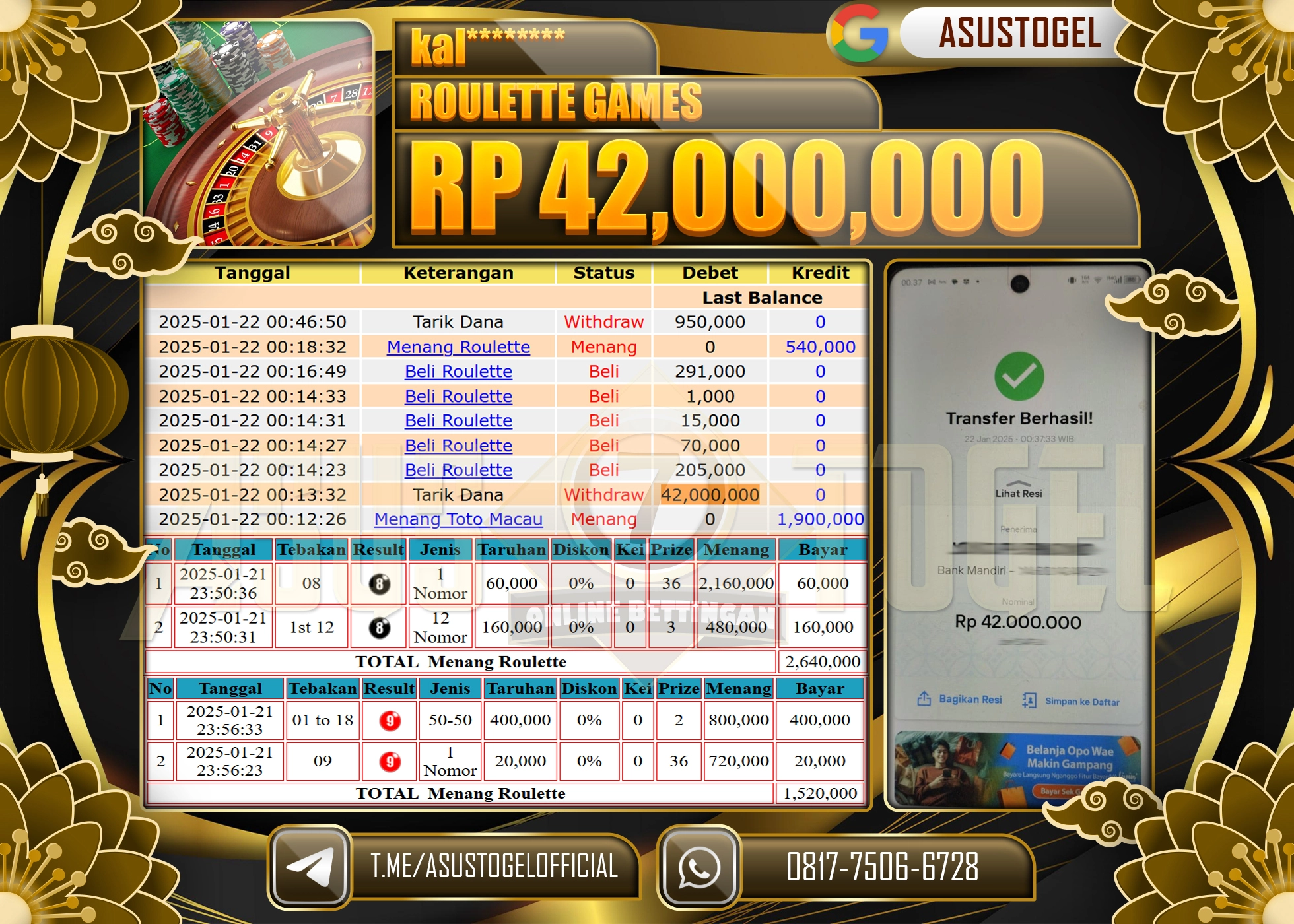 ASUSTOGEL KEMENANGAN DI LIVE ROULETTE GAMES SEBESAR 42.000.000 - RUPIAH LUNAS