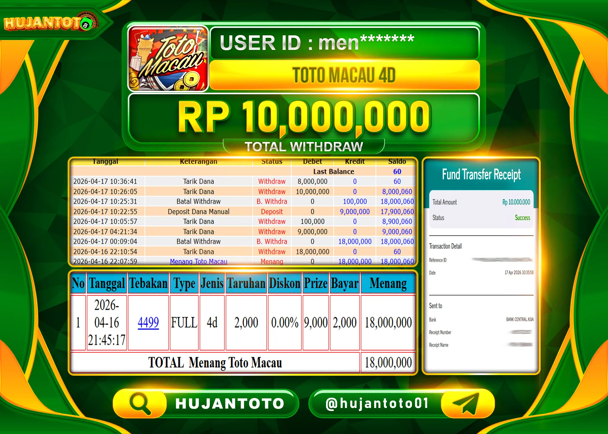 HUJANTOTO - BUKTI JACKPOT MENANG TOGEL TOTO MACAU 4D Rp.10,000,000 - TERBAYAR LUNAS