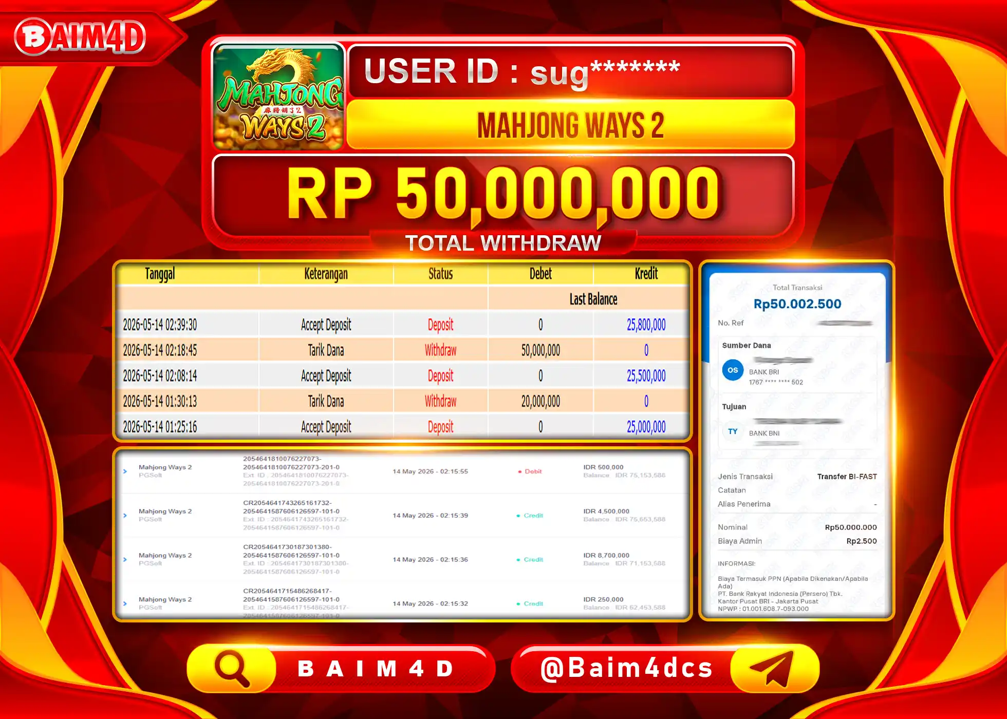BAIM4D JACKPOT SLOT MAHJONG WAYS 2 Rp.50.000.000 - LUNAS