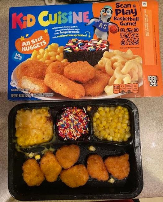 Kid Cuisine Chicken nuggets, corn, mac and cheese, and a brownie (with