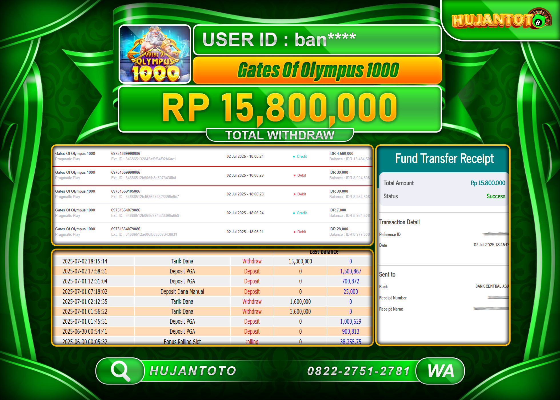 HUJANTOTO - BUKTI JACKPOT MENANG SLOT GATES OF OLYMPUS 1000 Rp.15,800,000 - TERBAYAR LUNAS