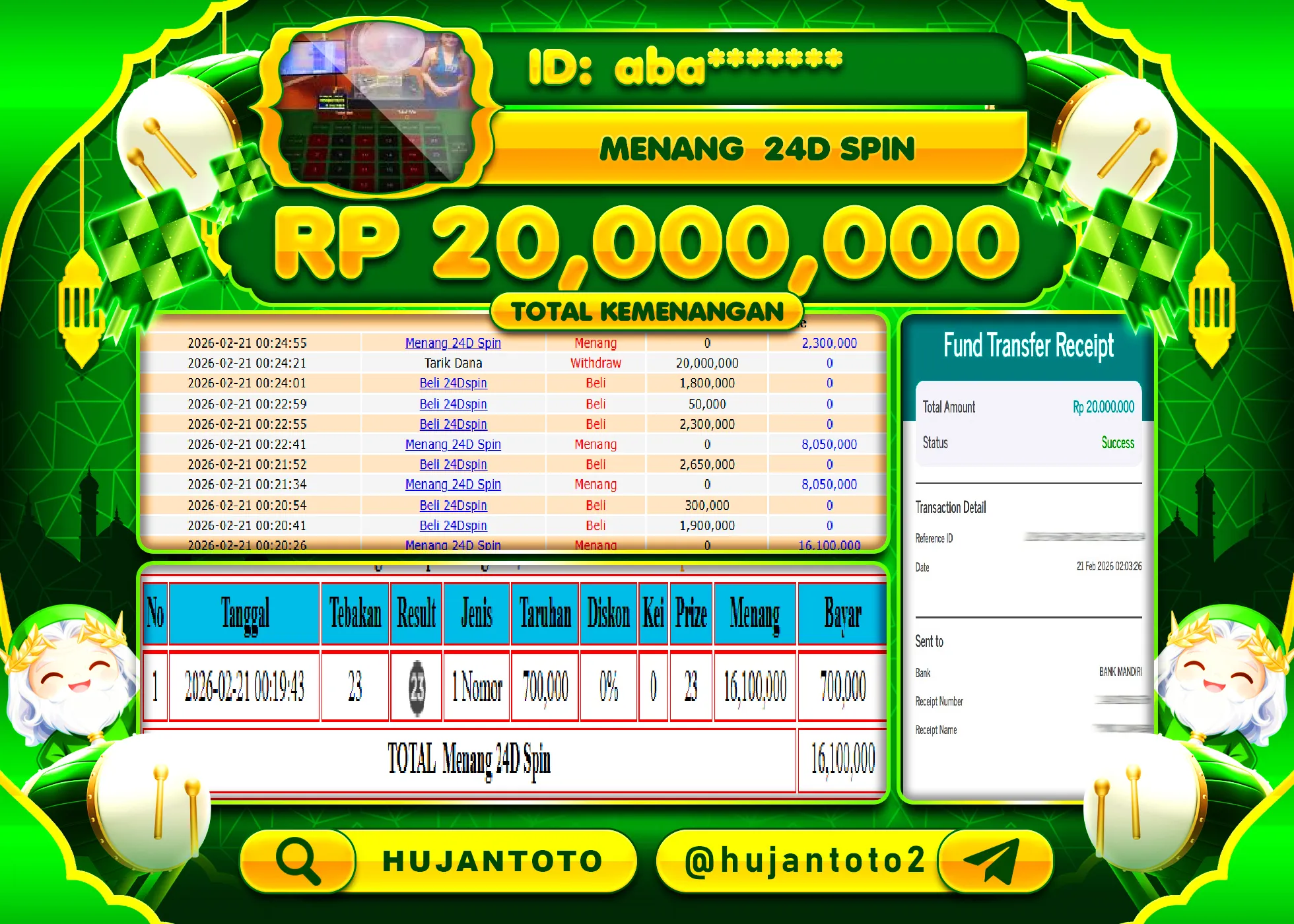 HUJANTOTO - BUKTI JACKPOT MENANG LIVEGAME 24D SPIN Rp.20,000,000 - TERBAYAR LUNAS