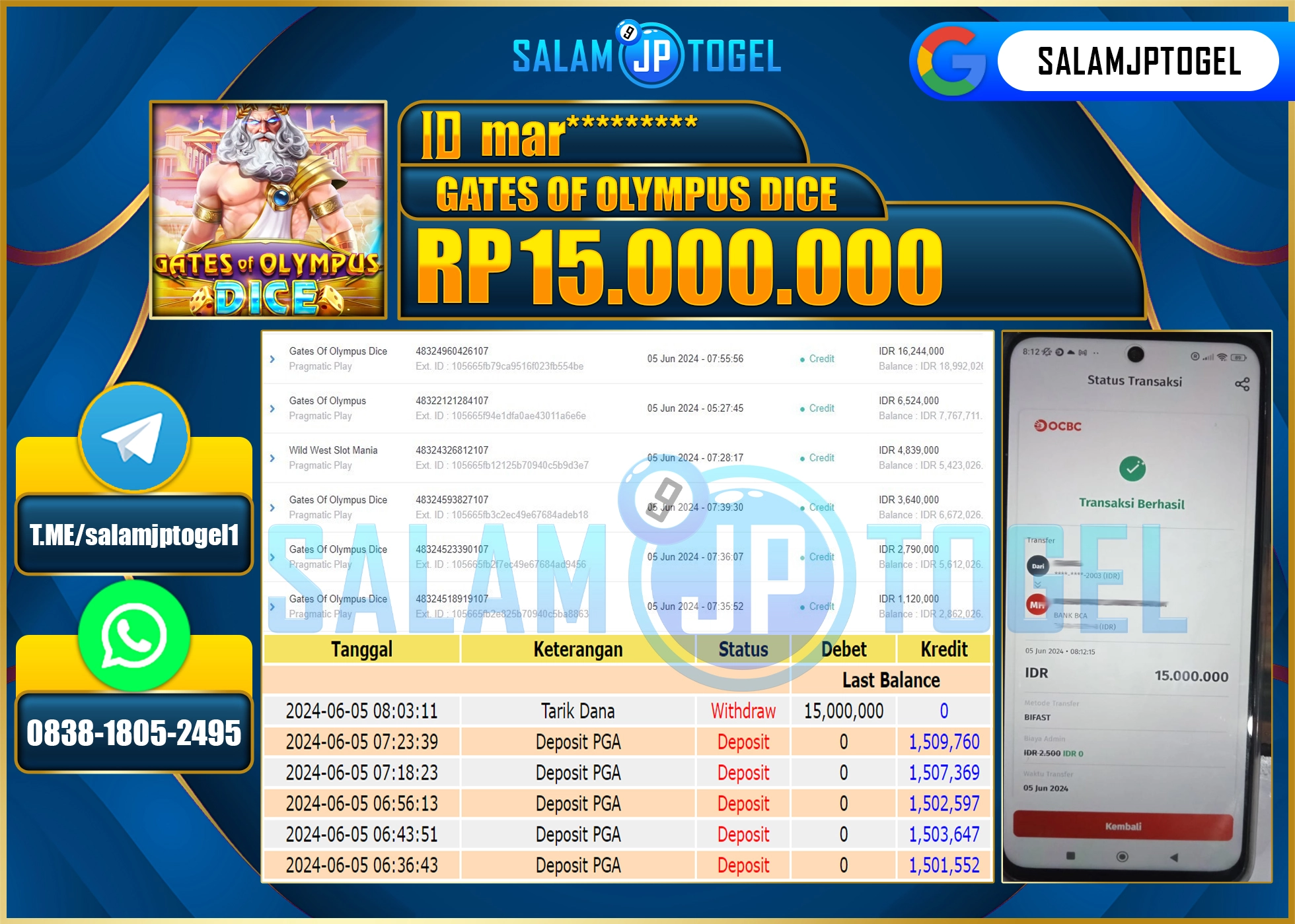 SALAMJPTOGEL MENANG Gates Of Olympus DICE RP. 15,000,000.,LUNAS