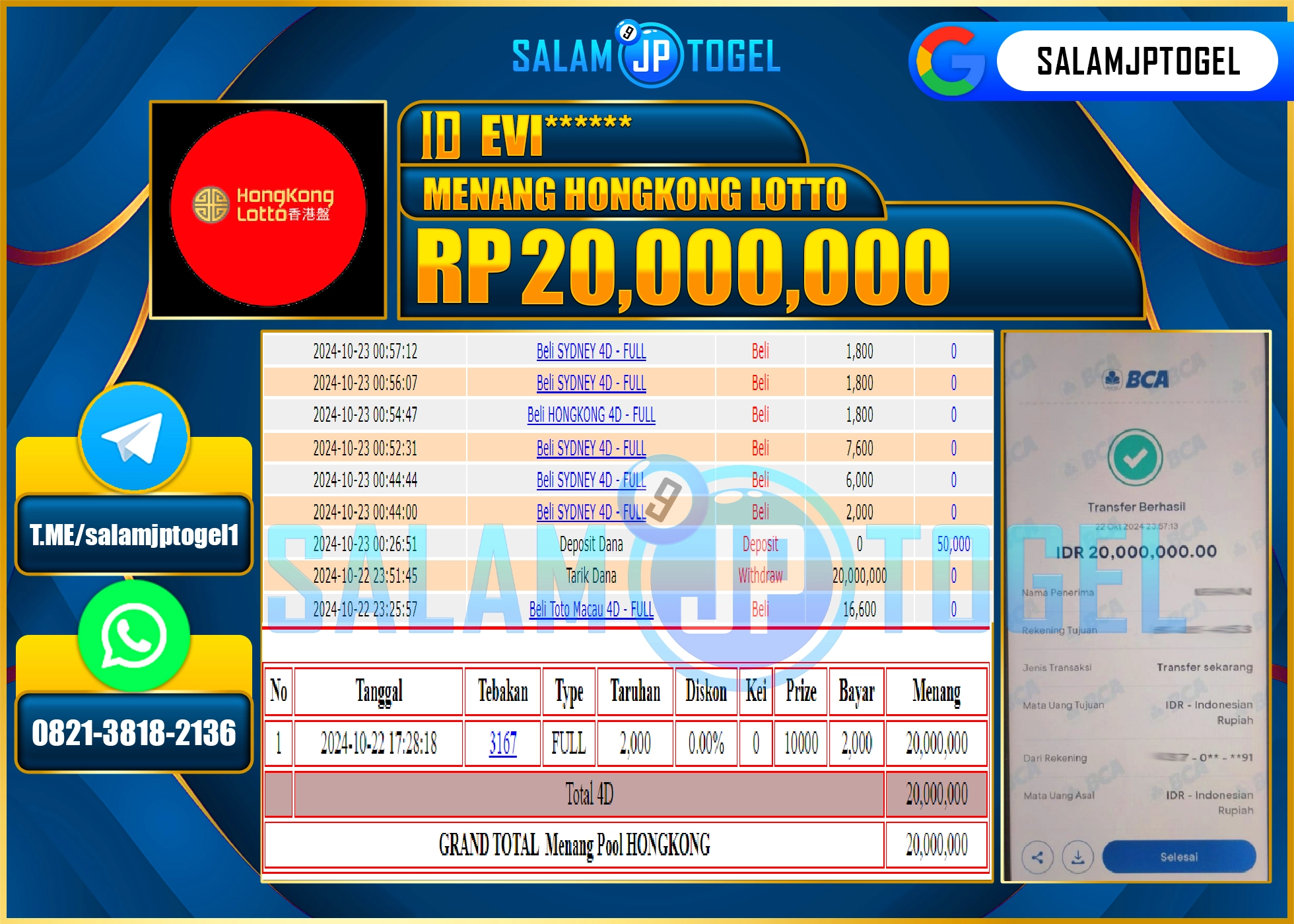 SALAMJPTOGEL MENANG HONGKONG LOTTO RP. 20,000,000 LUNAS
