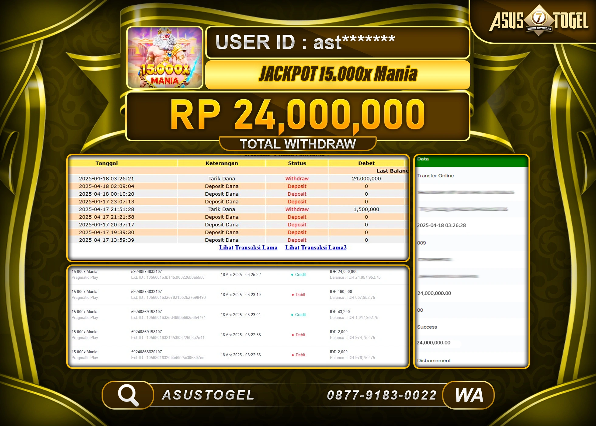 ASUSTOGEL KEMENANGAN DI SLOT 15.000X MANIA GAMES SEBESAR 24,000,000- RUPIAH LUNAS