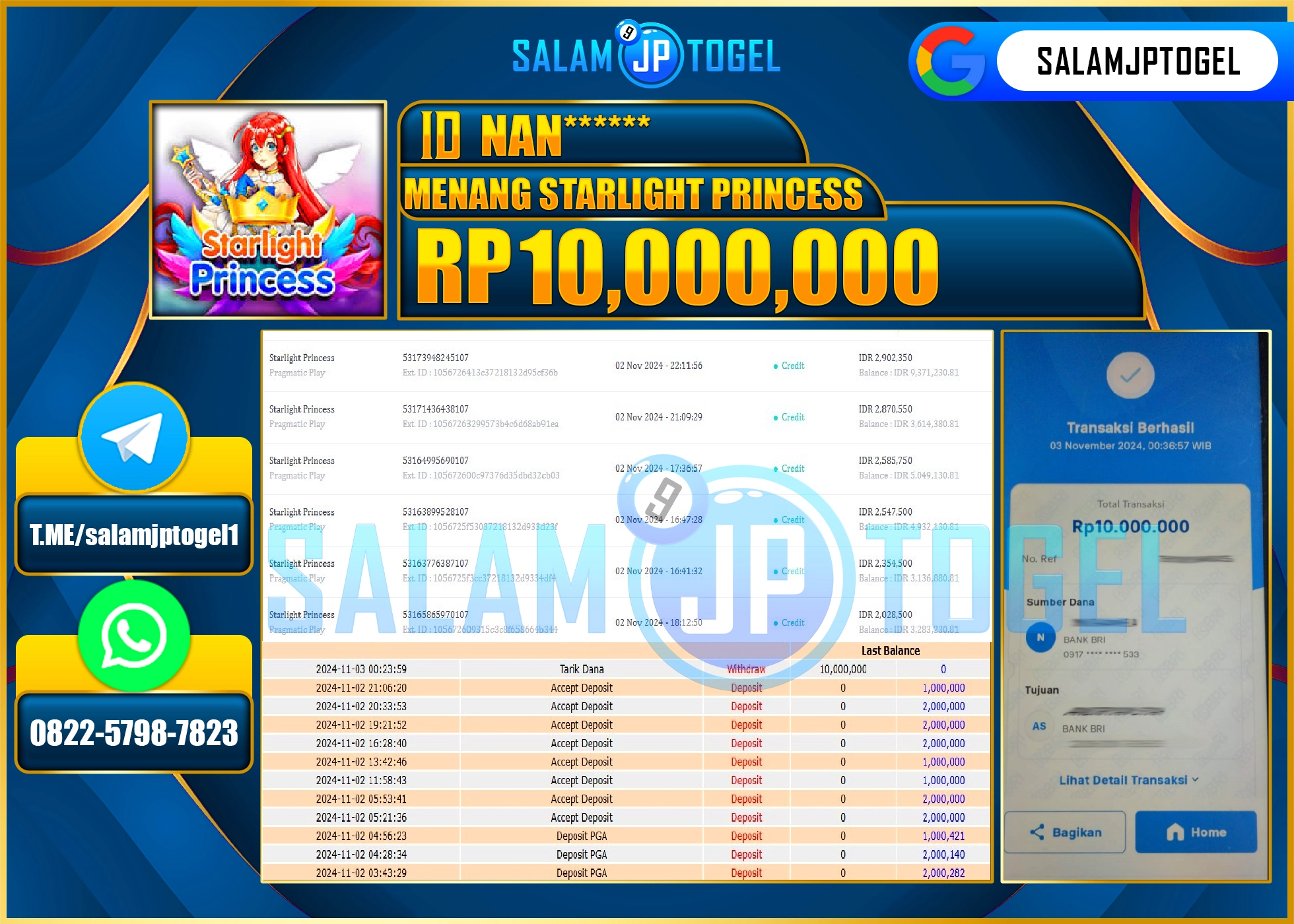 SALAMJPTOGEL MENANG STARLIGHT PRINCESS  RP. 10,000,000 LUNAS