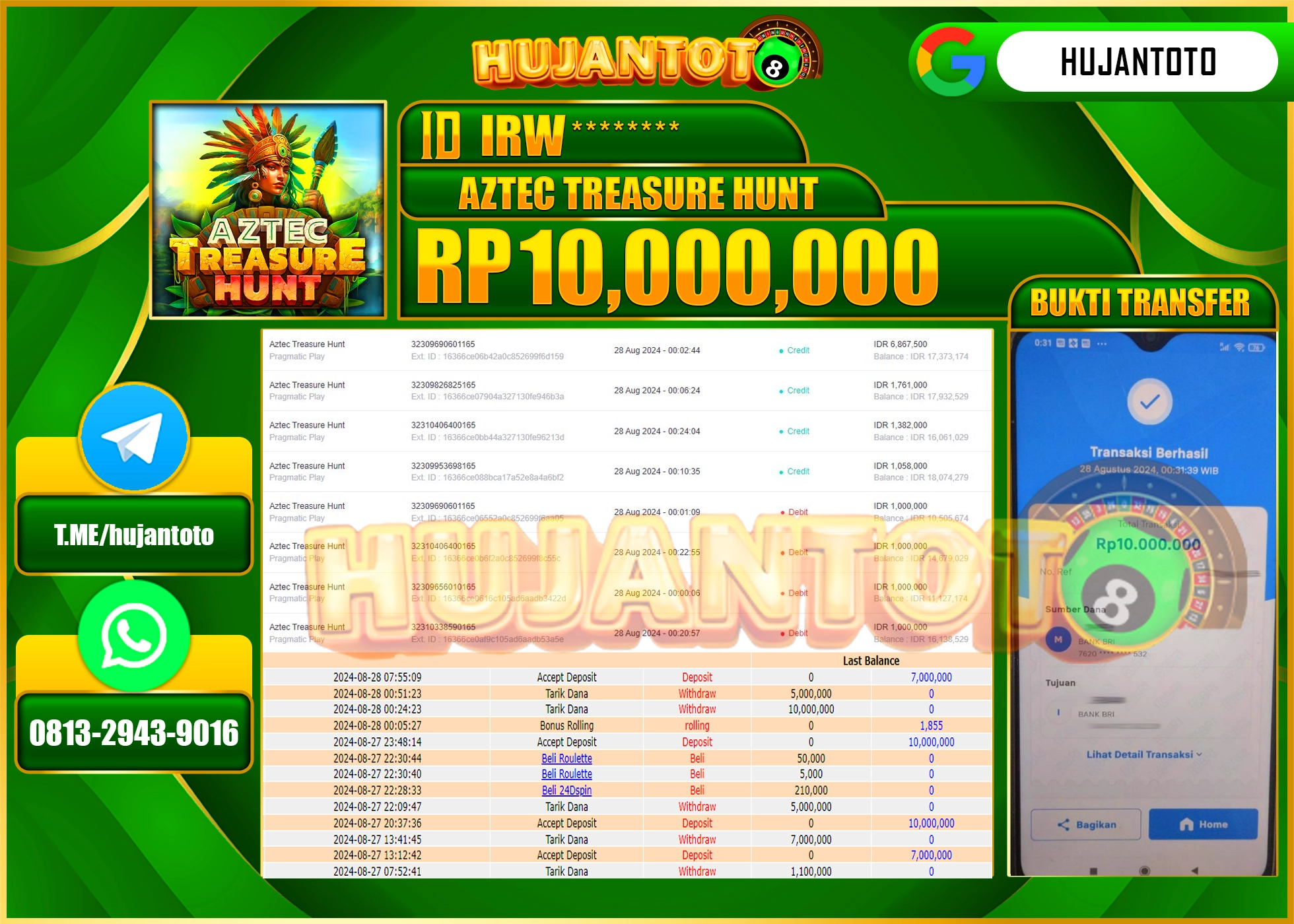 HUJANTOTO MENANG BESAR DI PERMAINAN SLOT AZTEC TREASURE HUNT 10.000.000 - LUNAS 