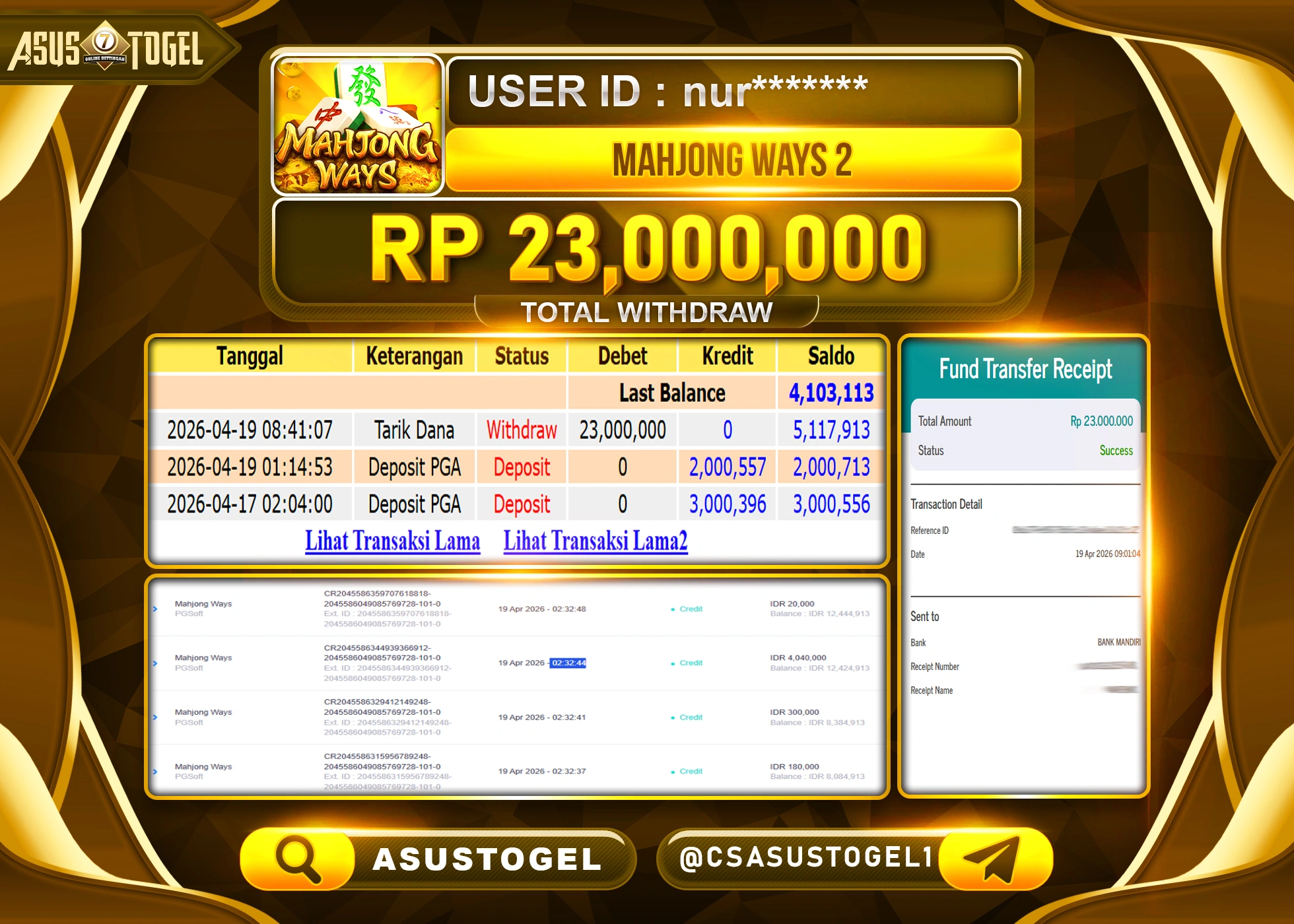ASUSTOGEL KEMENANGAN JACKPOT DI PERMAINAN SLOT MAHJONG WAYS 2 SEBESAR Rp.23,000,000 - RUPIAH LUNAS