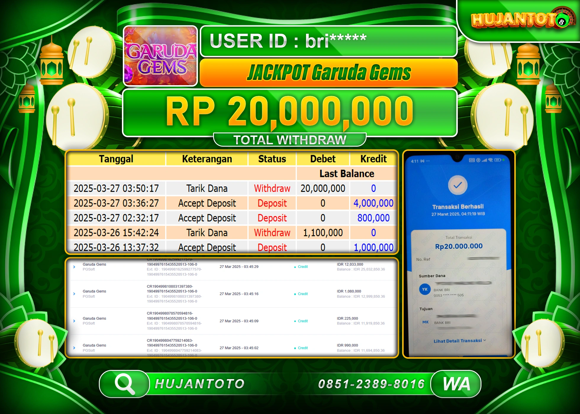 HUJANTOTO - BUKTI JACKPOT MENANG slot GARUDA GEMS PG SOFT Rp,20,000,000   - TERBAYAR LUNAS