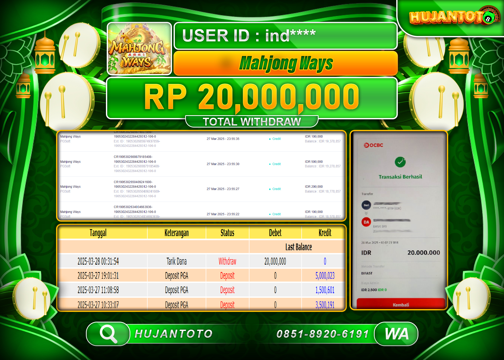 HUJANTOTO - BUKTI JACKPOT MENANG DI GAME SLOT MAHJONG WAYS Rp,20,000,000- TERBAYAR LUNAS