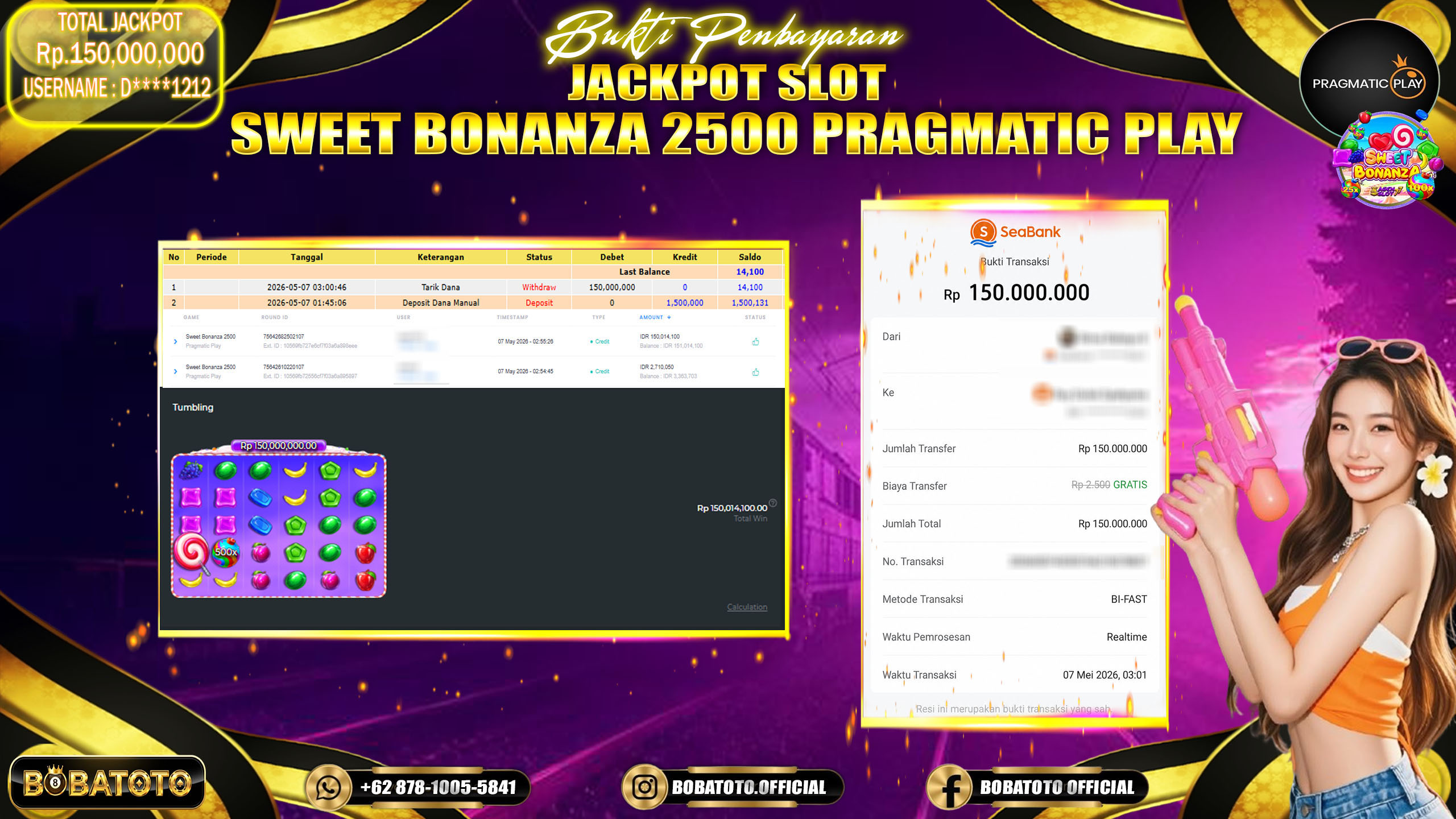 BOBATOTO JACKPOT SLOT SWEET BONANZA 2500 PRAGMATIC PLAY  Rp.150,000,000,- LUNAS!!!