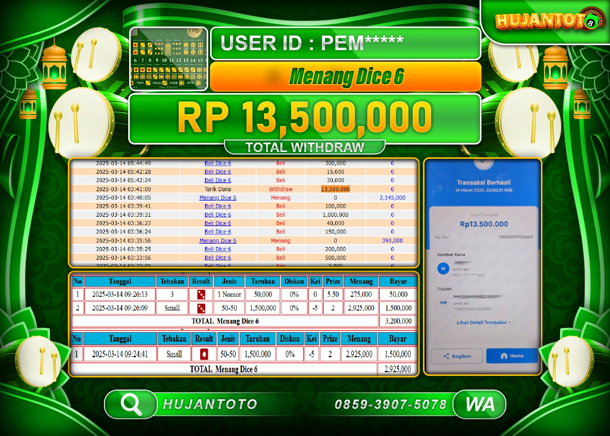 HUJANTOTO - BUKTI JACKPOT MENANG BESAR LIVE GAME DICE 6  Rp,13,500,000 - TERBAYAR LUNAS