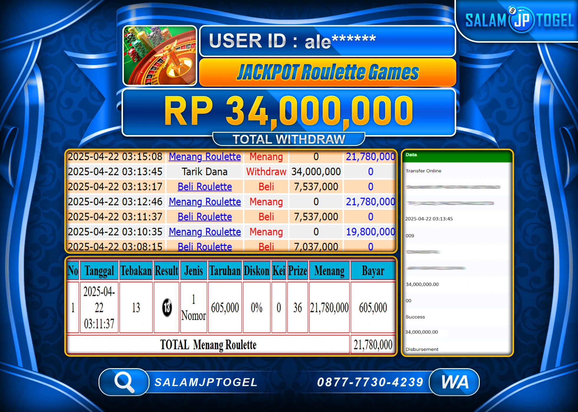 SALAMJPTOGEL MENANG ROULETTE GAMES Rp.34,000,000 LUNAS