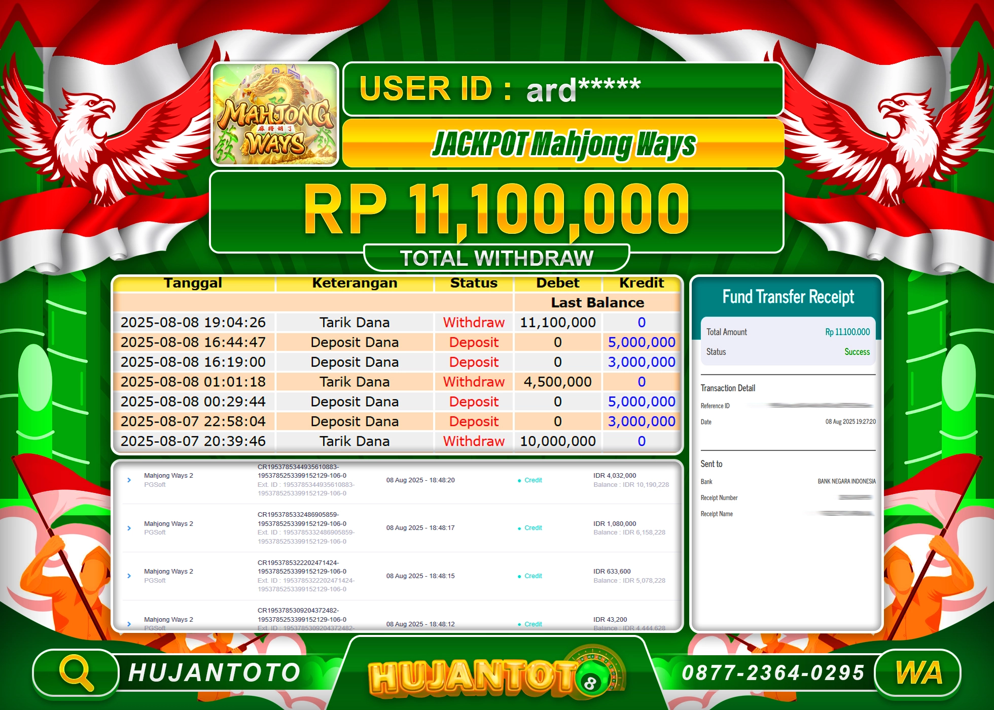 HUJANTOTO - BUKTI JACKPOT MENANG SLOT MAHJONG WAYS Rp.11,100,000 - TERBAYAR LUNAS