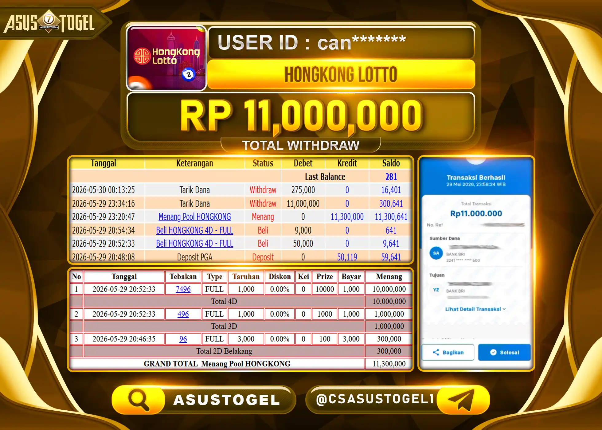 ASUSTOGEL KEMENANGAN JACKPOT PERMAINAN TOGEL HONGKONG LOTTO Rp.11,000,000 - RUPIAH LUNAS