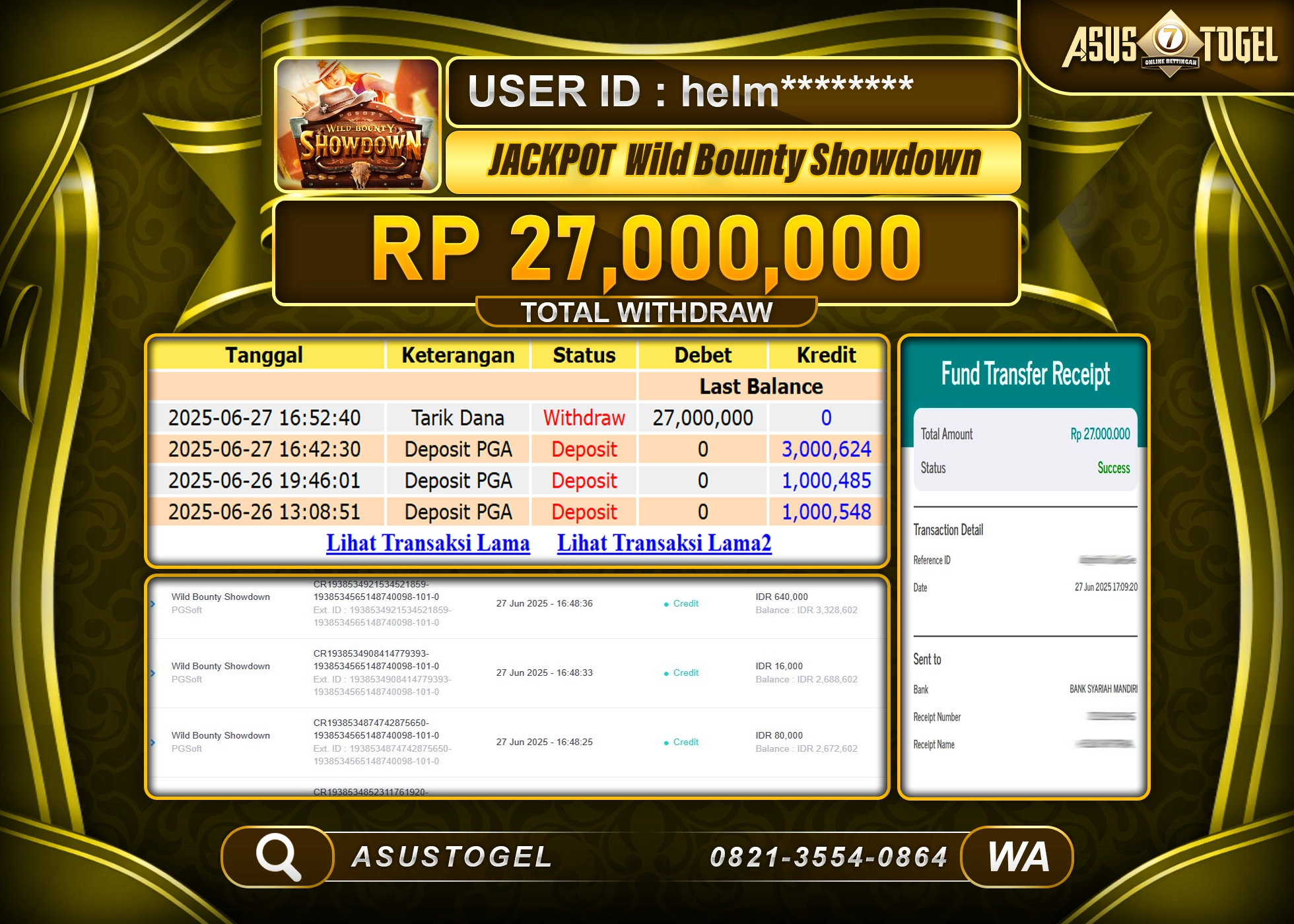 ASUSTOGEL KEMENANGAN DI SLOT WILD BOUNTY SHOWDOWN SEBESAR 27,000,000- RUPIAH LUNAS