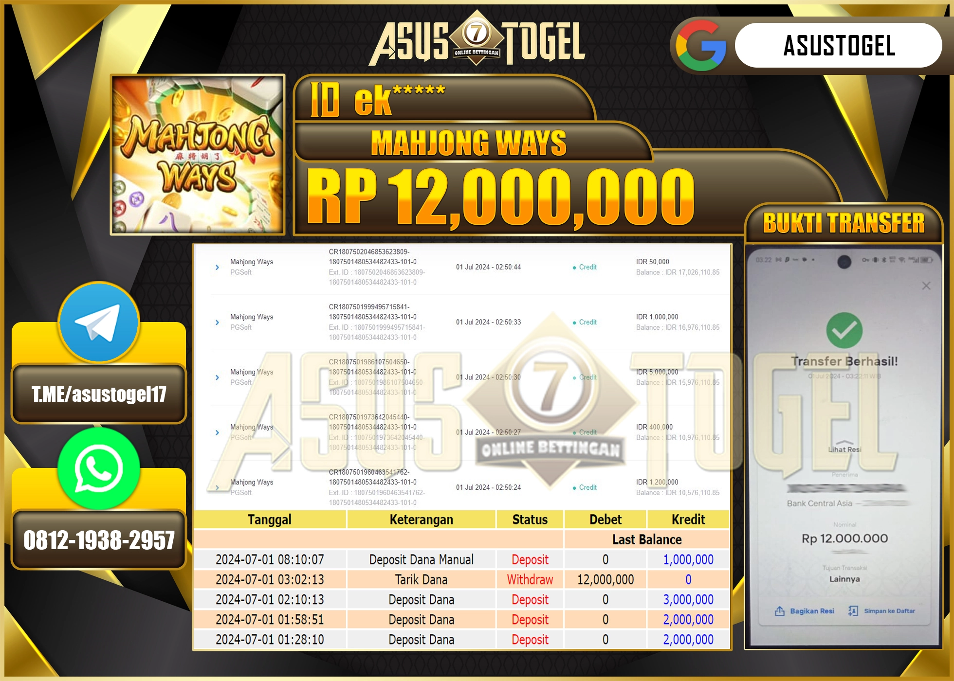 ASUSTOGEL KEMENANGAN MAHJONG WAYS  SEBESAR 12,000,000-LUNAS