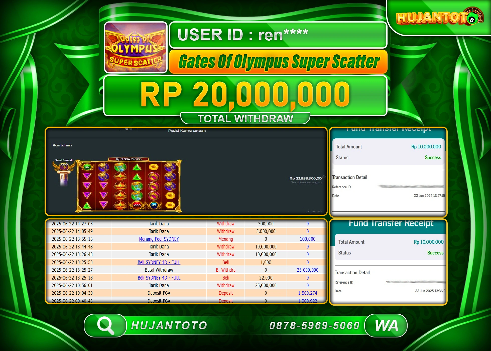 HUJANTOTO - BUKTI JACKPOT MENANG GATES OF OLYMPUS SUPER SCATTER Rp.20,000,000 - TERBAYAR LUNAS
