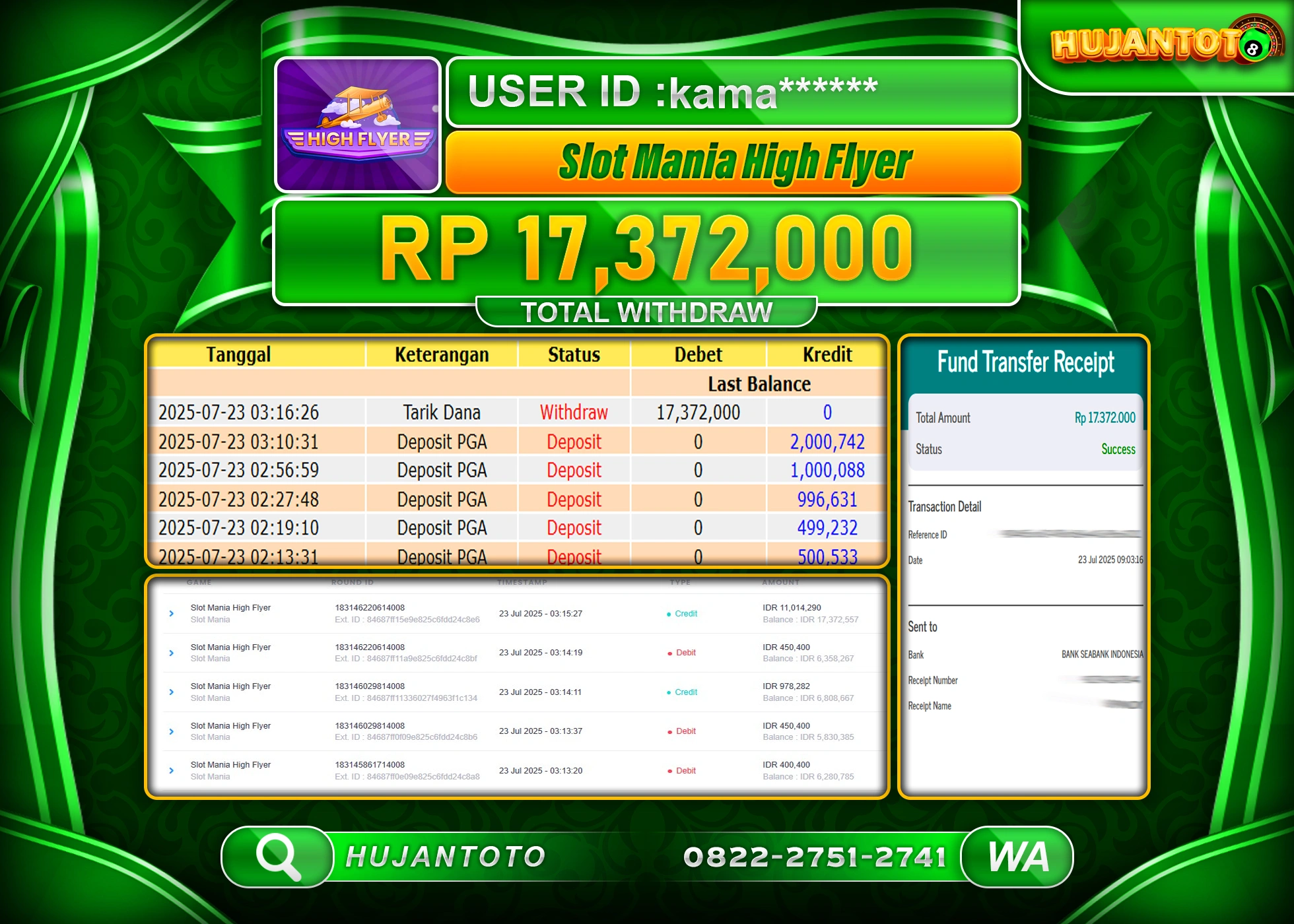 HUJANTOTO - BUKTI JACKPOT MENANG SLOT MANIA HIGH FLYER  Rp.17,372,000 - TERBAYAR LUNAS