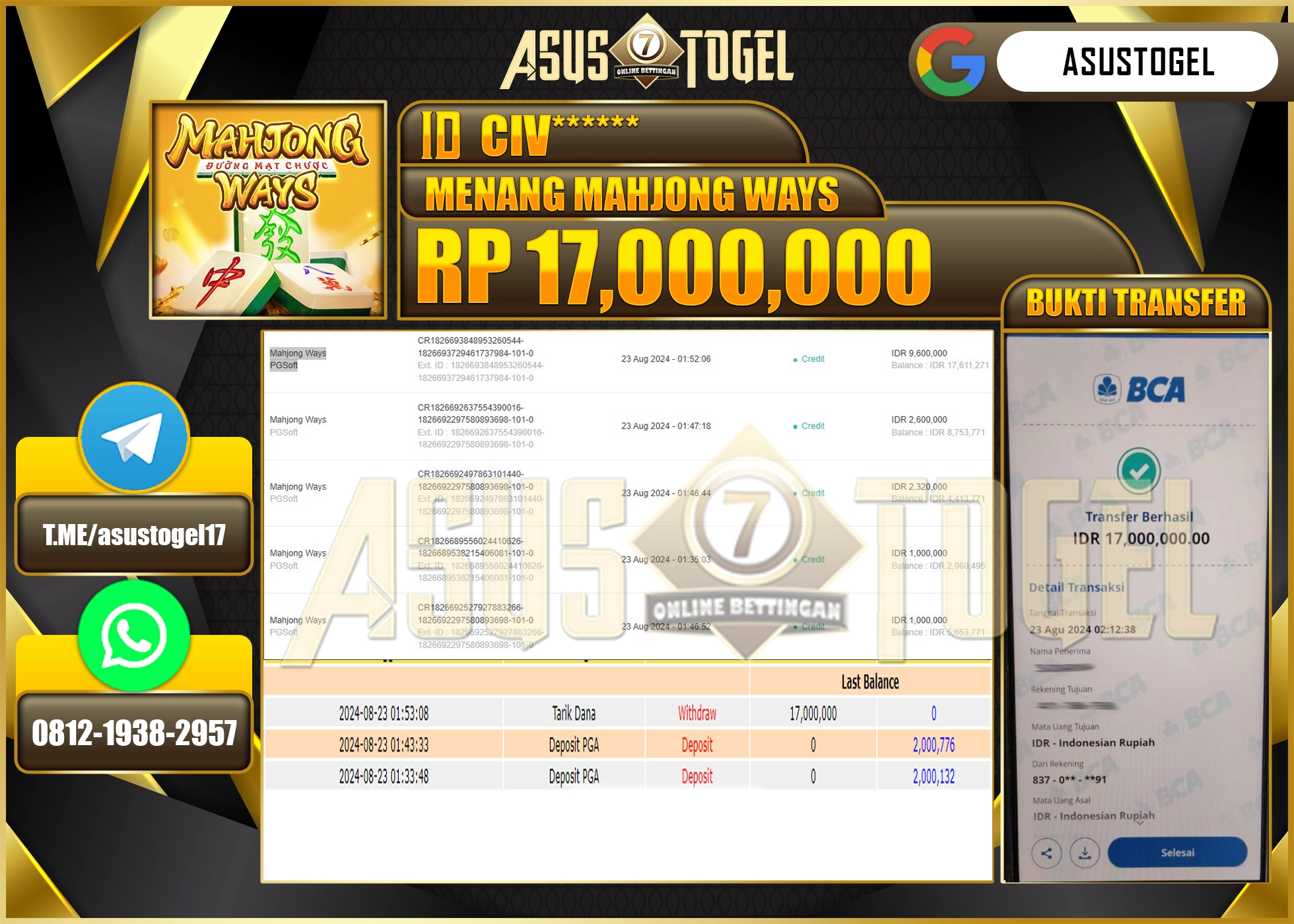 ASUSTOGEL KEMENANGAN DI SLOT MAHJONG WAYS  SEBESAR 17,000,000- RUPIAH LUNAS